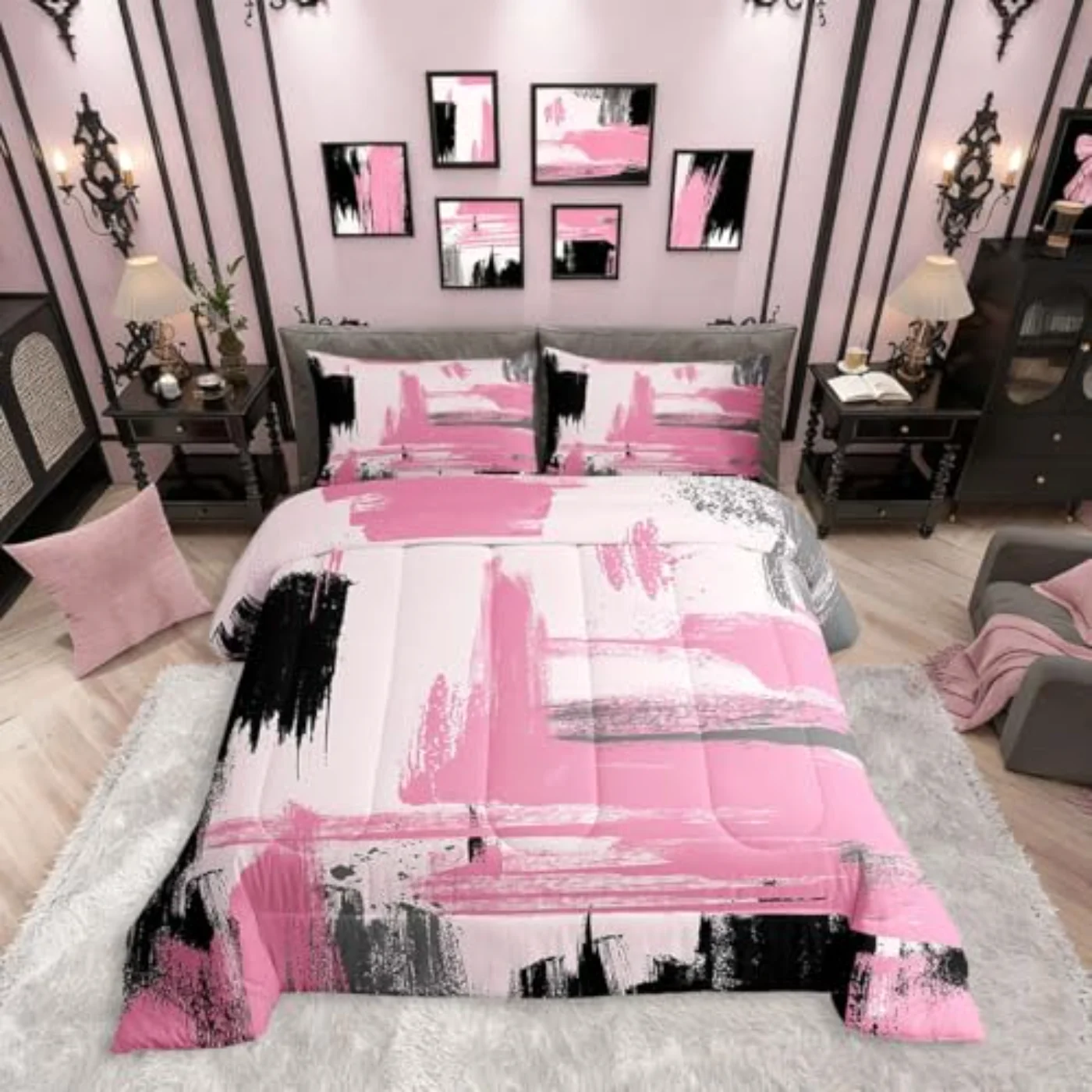 Pink Abstract Girls Pink Black Quilt, Queen