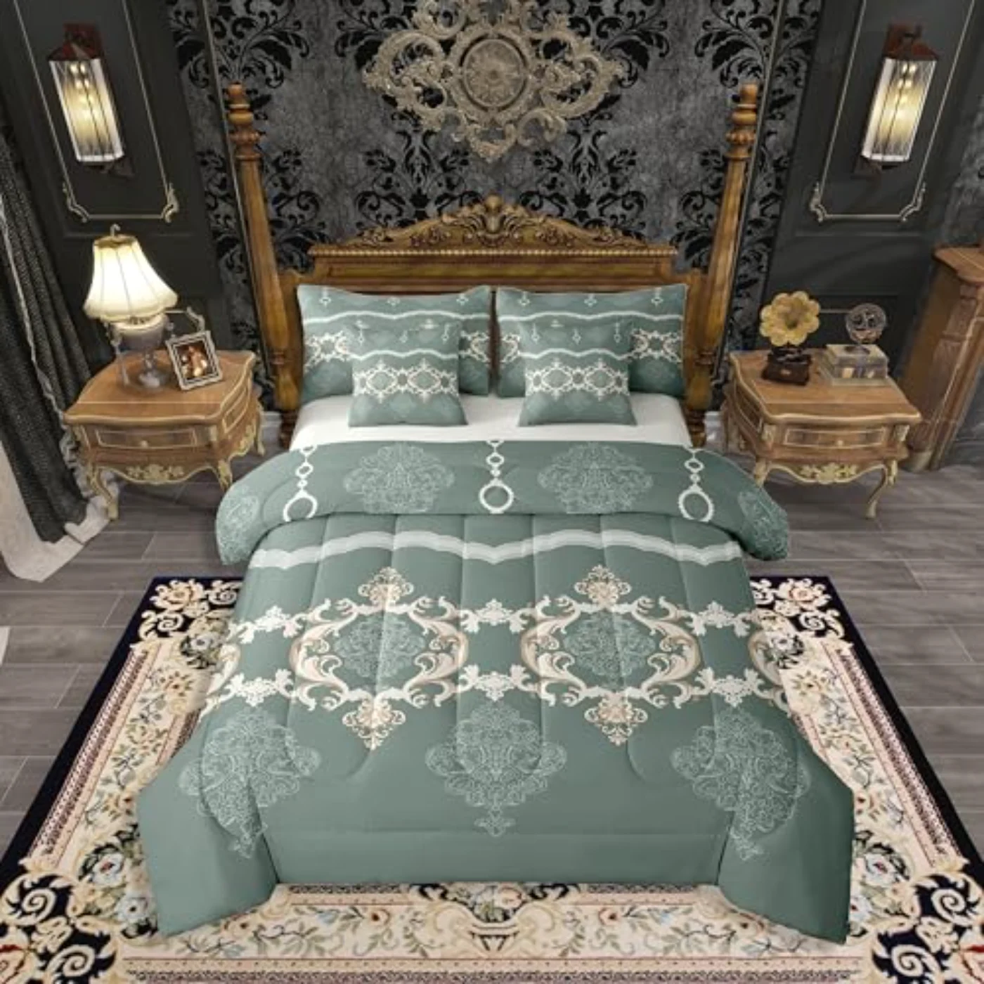 White Green Damask Gothic Comforter Set, Queen