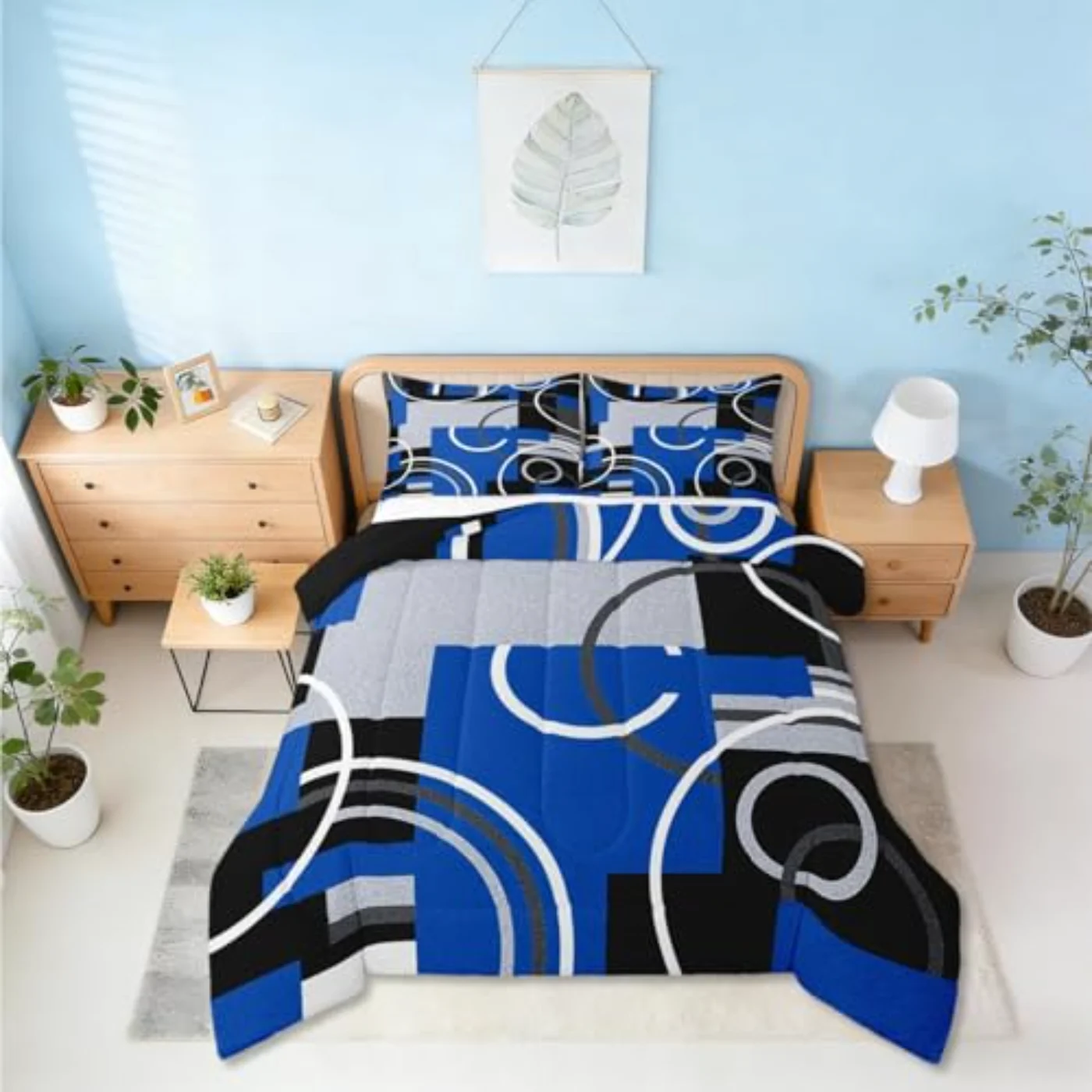 Royal Blue Black Grey Swirls Quilt, King