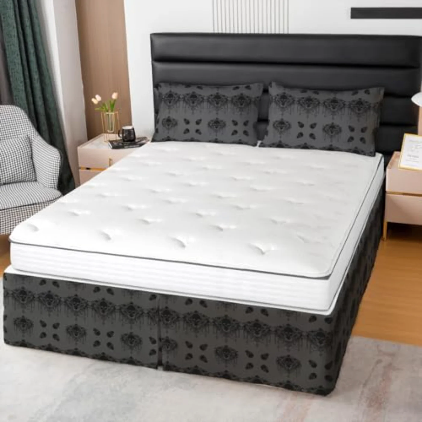Bohemian Black Damask Bedskirt Exotic Comforter Set, Full
