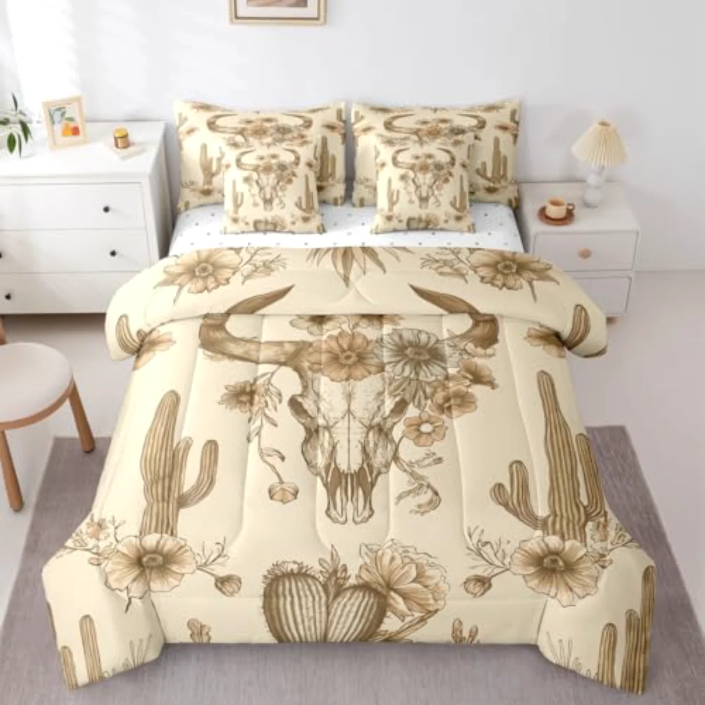 Bull Skull In Bag Comforter Set, Brown & Tan