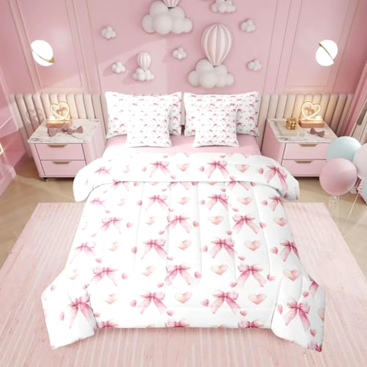 Love Heart Bowknot Pink Girls Comforter Set, Twin