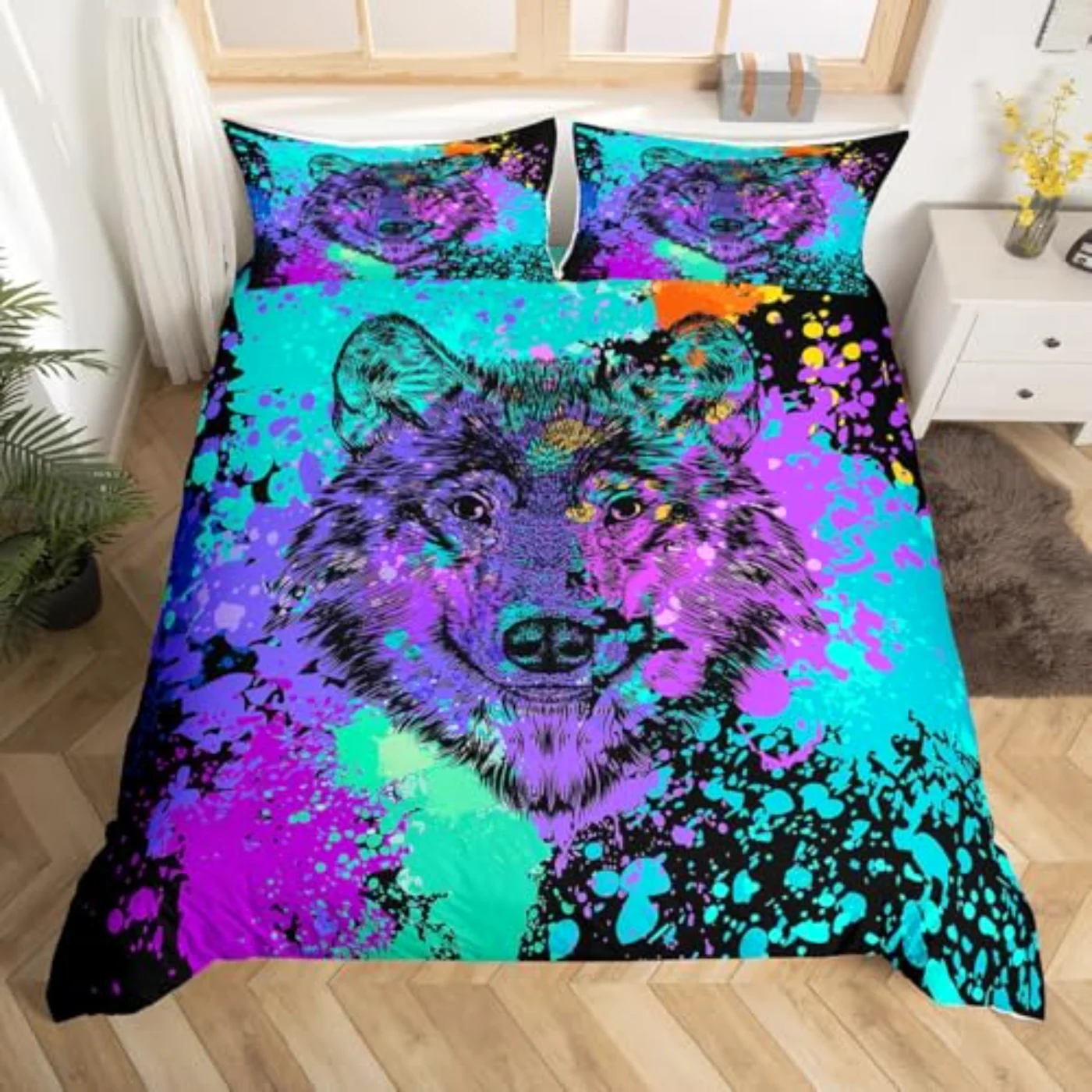 Wolf Tie Dye Safari Animals Duvet Cover, Twin
