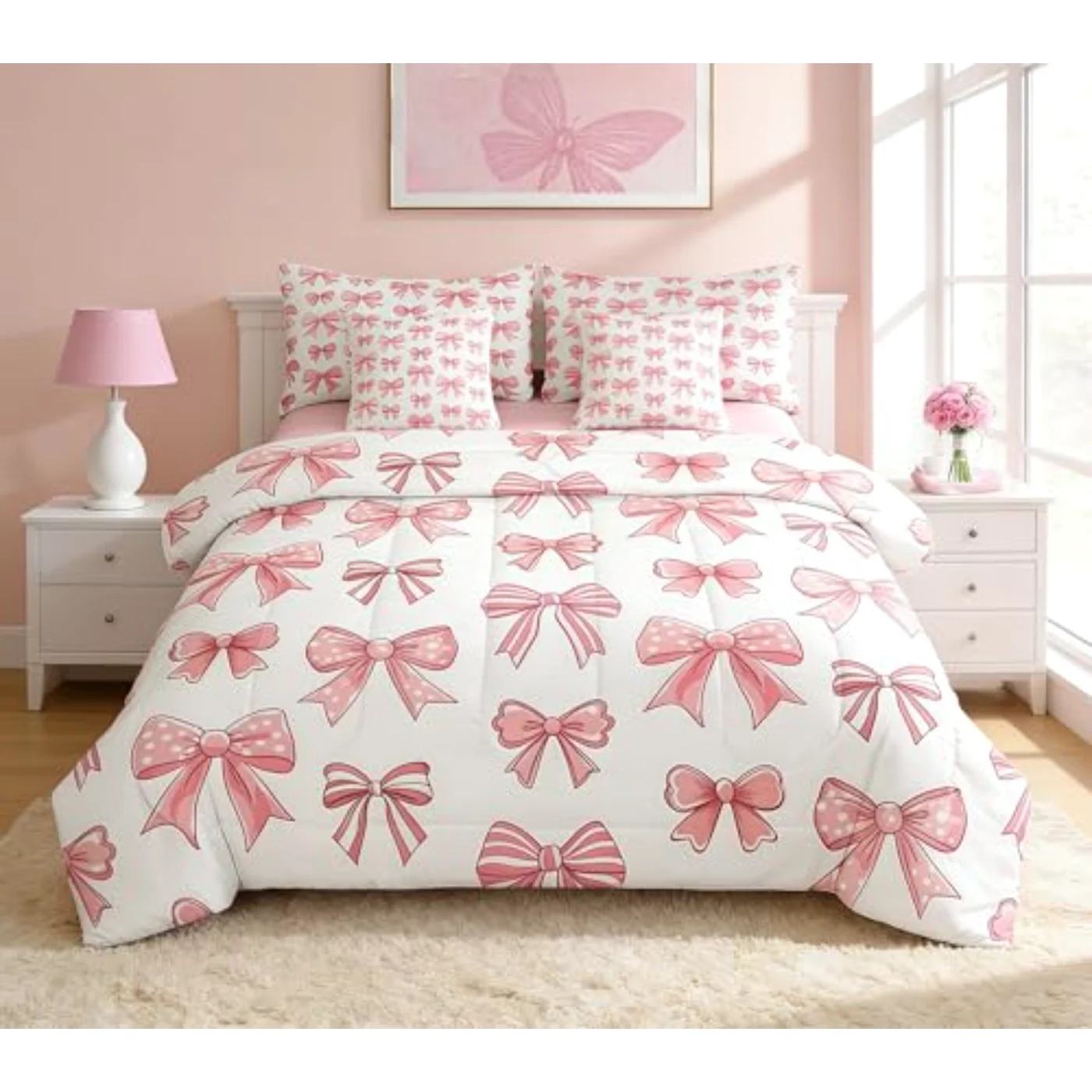 Cute Bow Sheets Boys Girls Comforter Set, Full