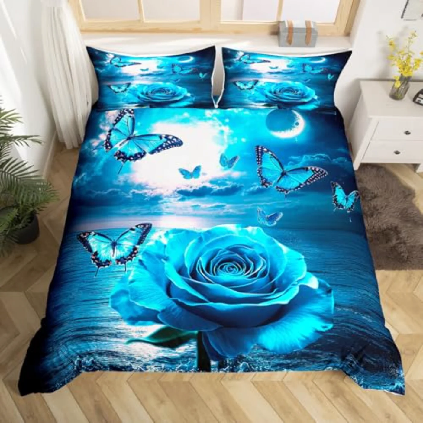 Butterfly Boho Moon Blue Floral Duvet Cover, Twin