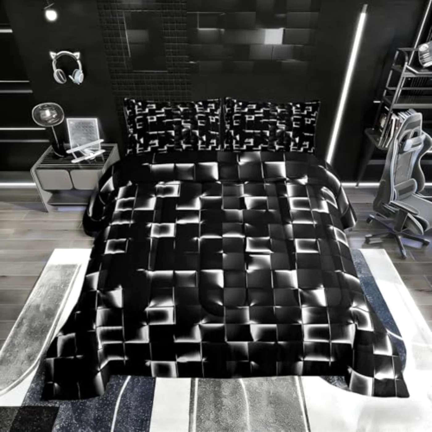 Geometric Checkered Neon Black White Comforter Set, Twin