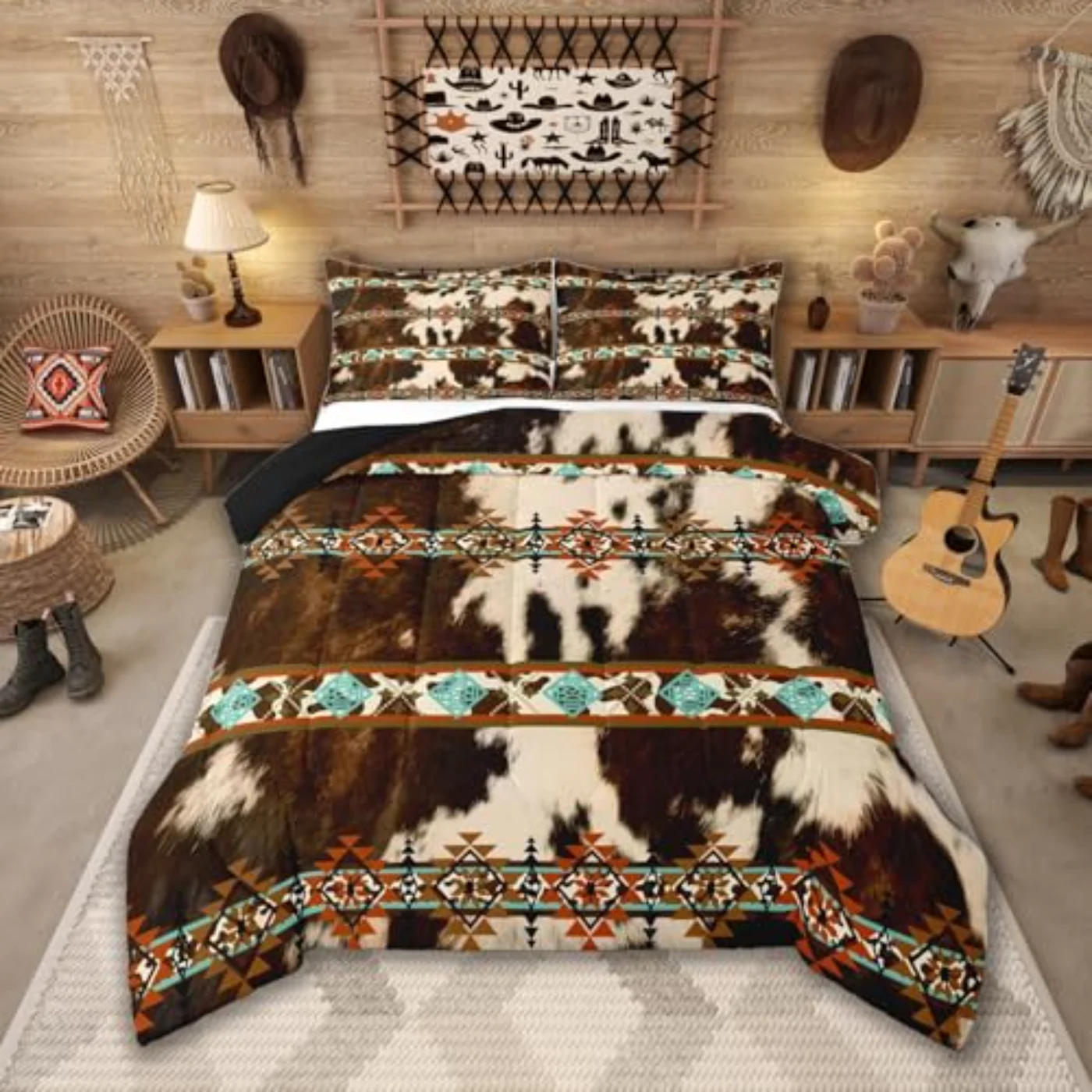 Cowhide Brown Highland Cow Print Duvet Cover, Twin