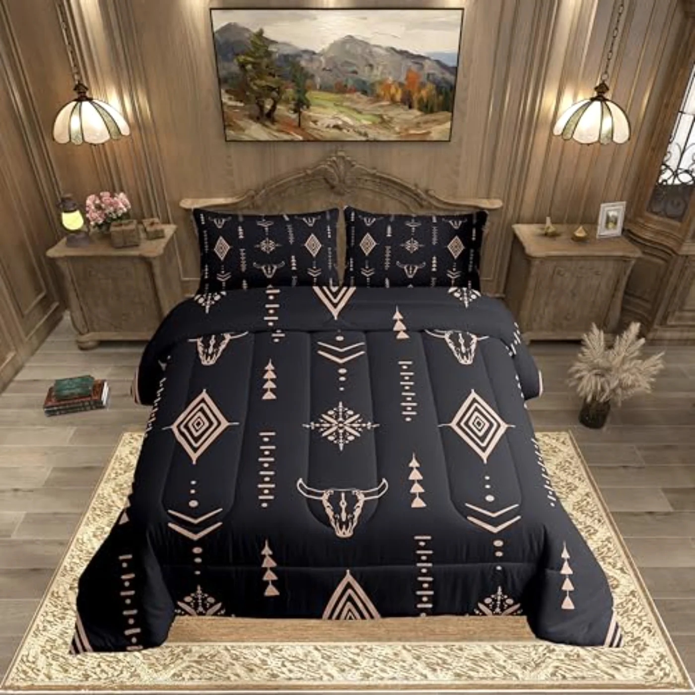 Bull Skull Boho Ethnic Horns Comforter Set, Full