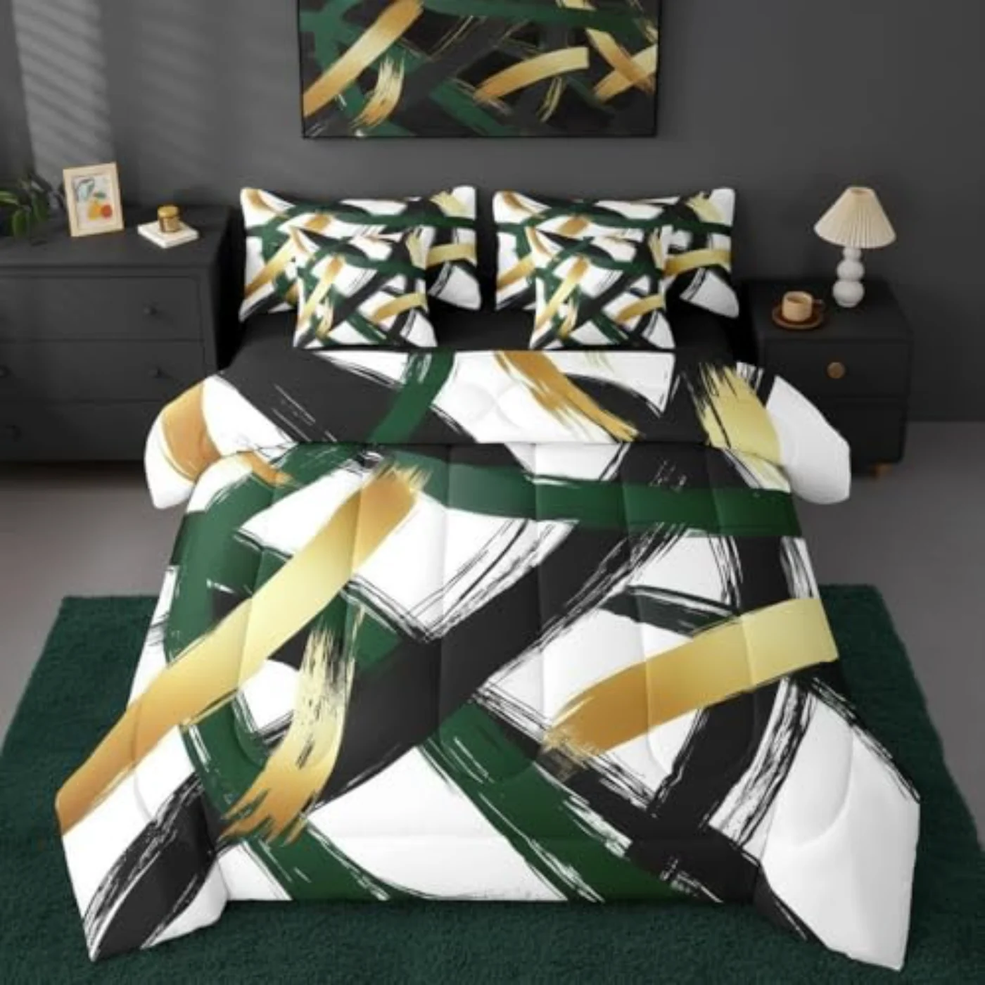 Black Green Gold Abstract Modern Comforter Set, King