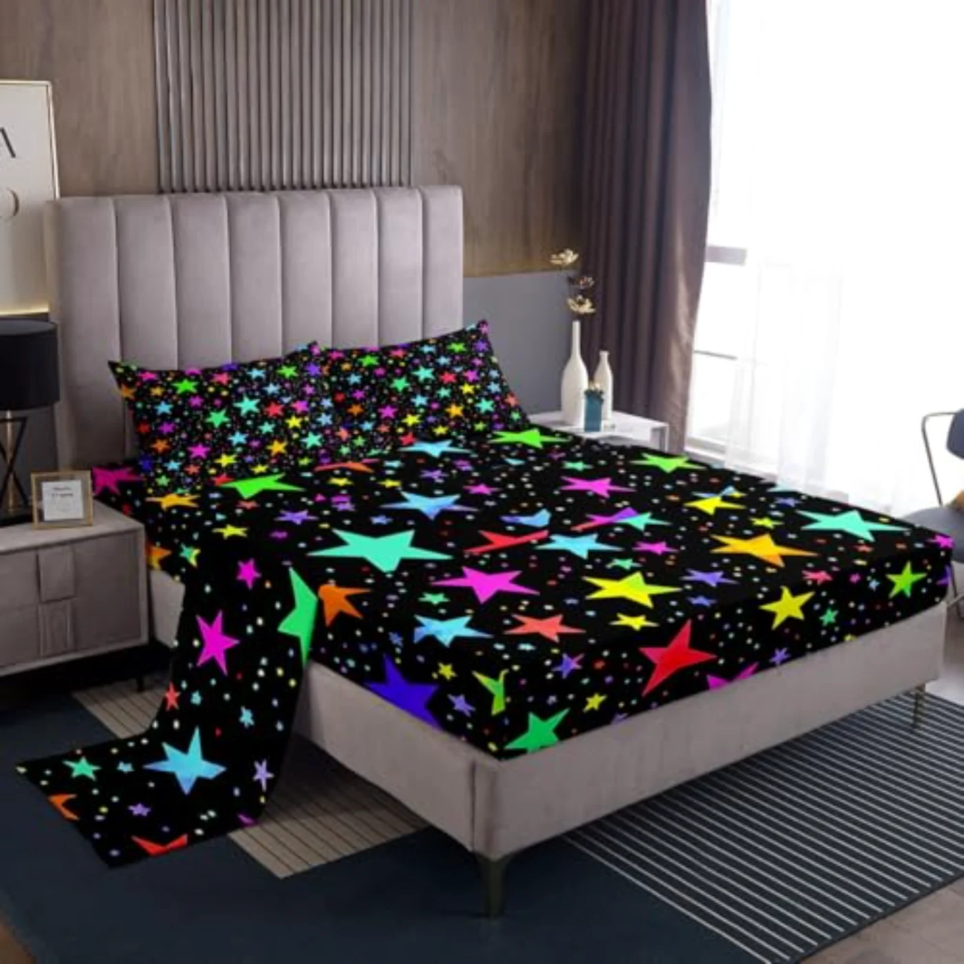 Kawaii Glitter Stars Rainbow Glowing Sheet Set, Twin