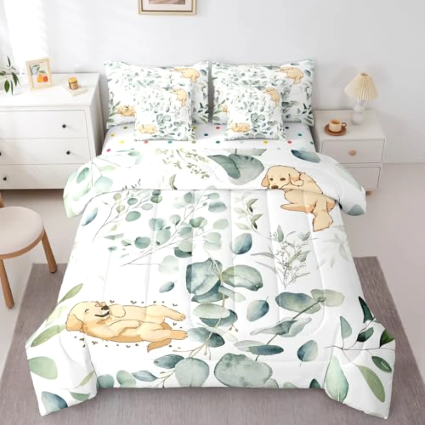 Cute Dog Kids Green Eucalyptus Comforter Set, Queen