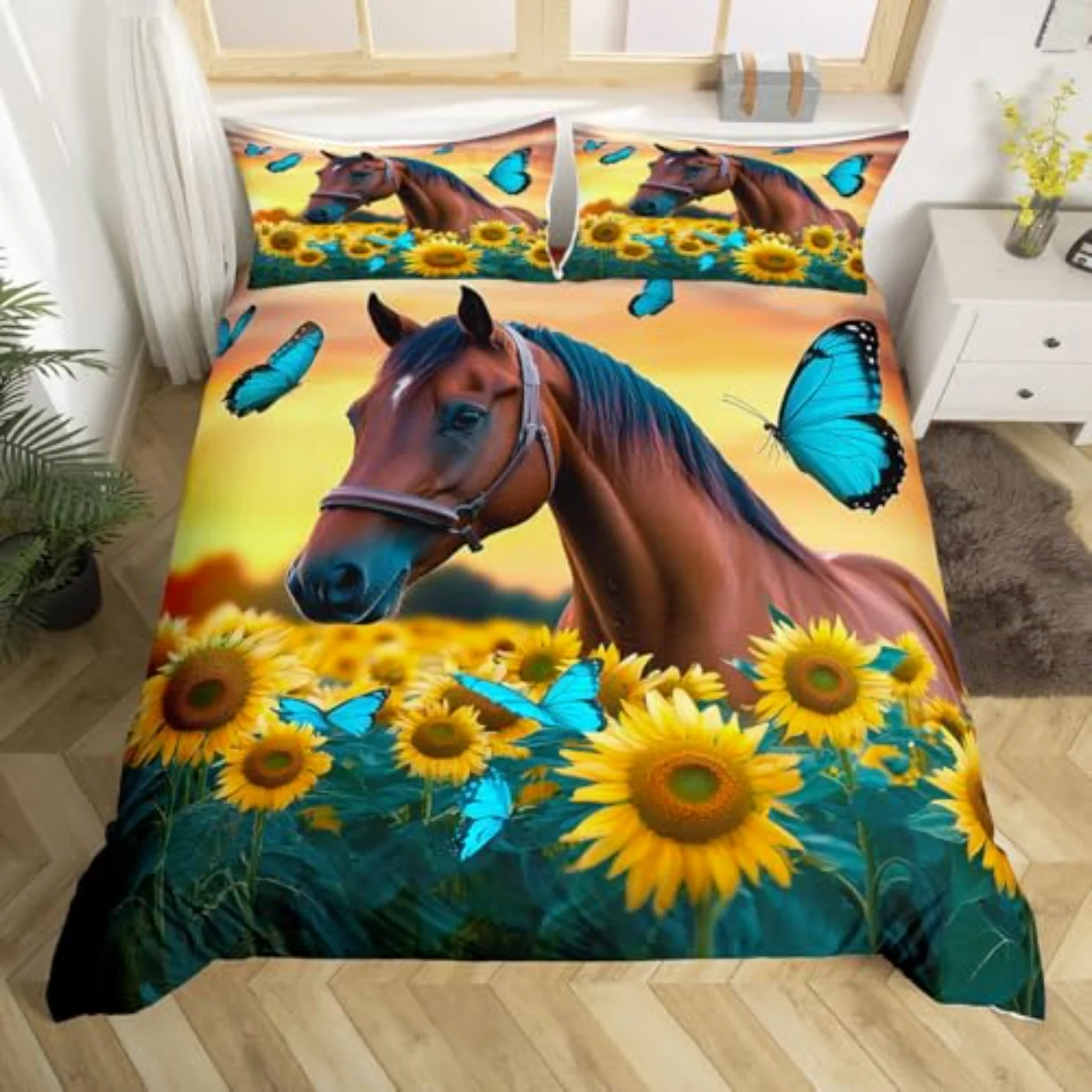 Horse Yellow Sunflower Printed Boys Duvet (Z4Q3)