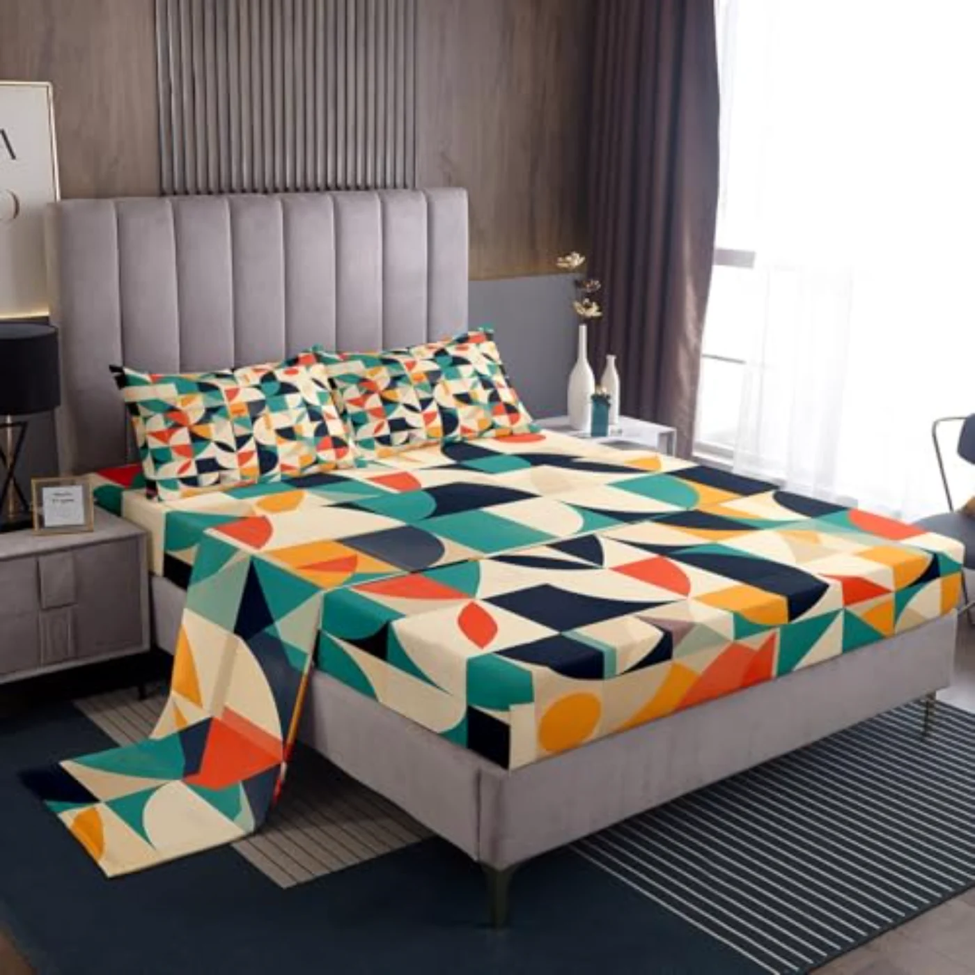 Teal Orange Geometric Sheets Sheet Set, Full