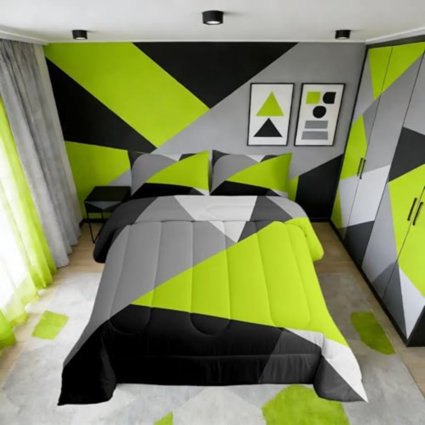 Lime Green Black Grey Geometric Comforter Set, Queen