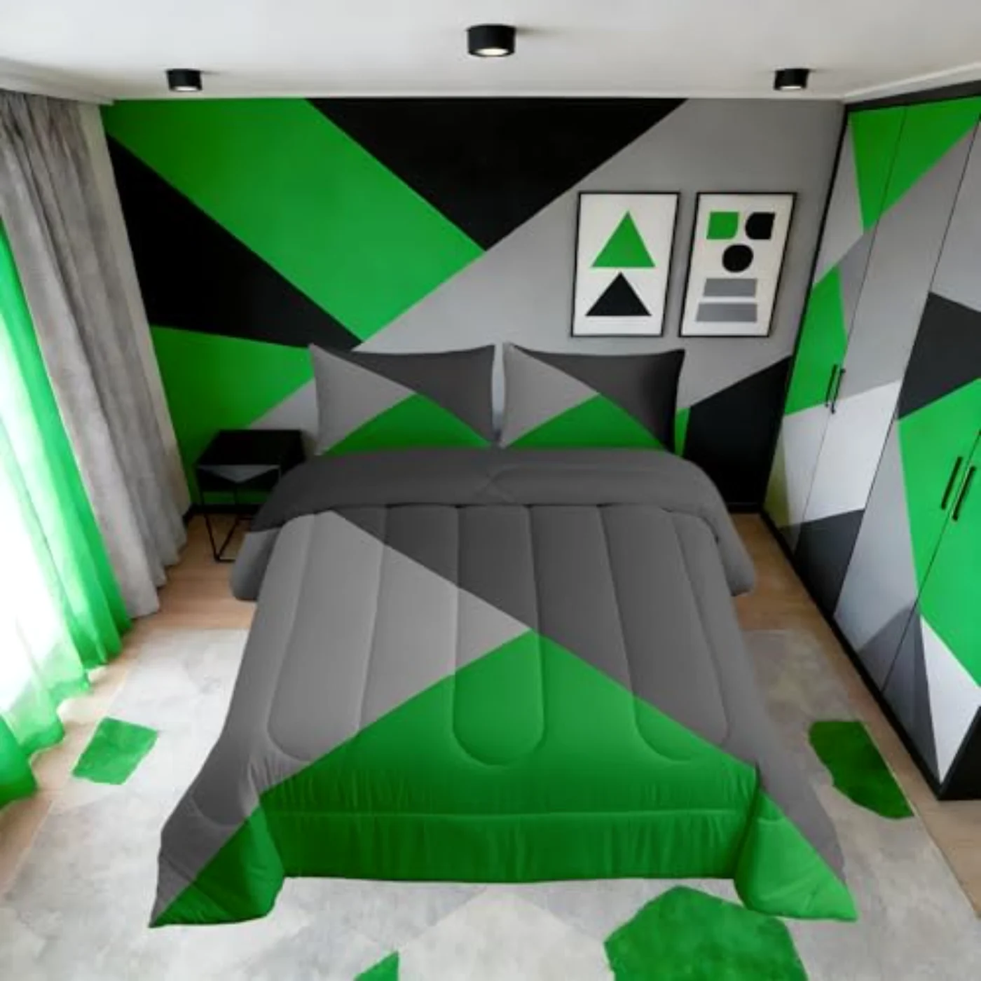 Green Gray Down Geometric Triangle Comforter Set, Twin