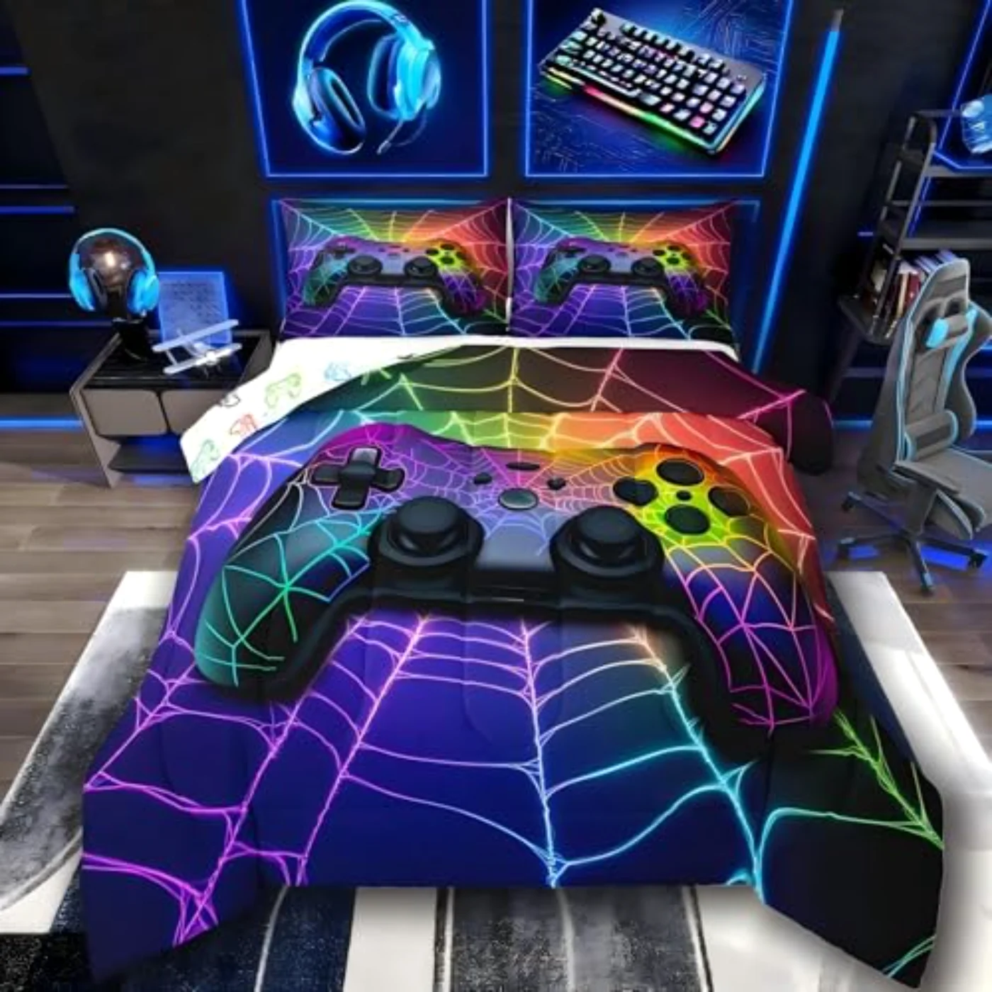 Gamer Boys Rainbow Spider Web Comforter Set, Twin