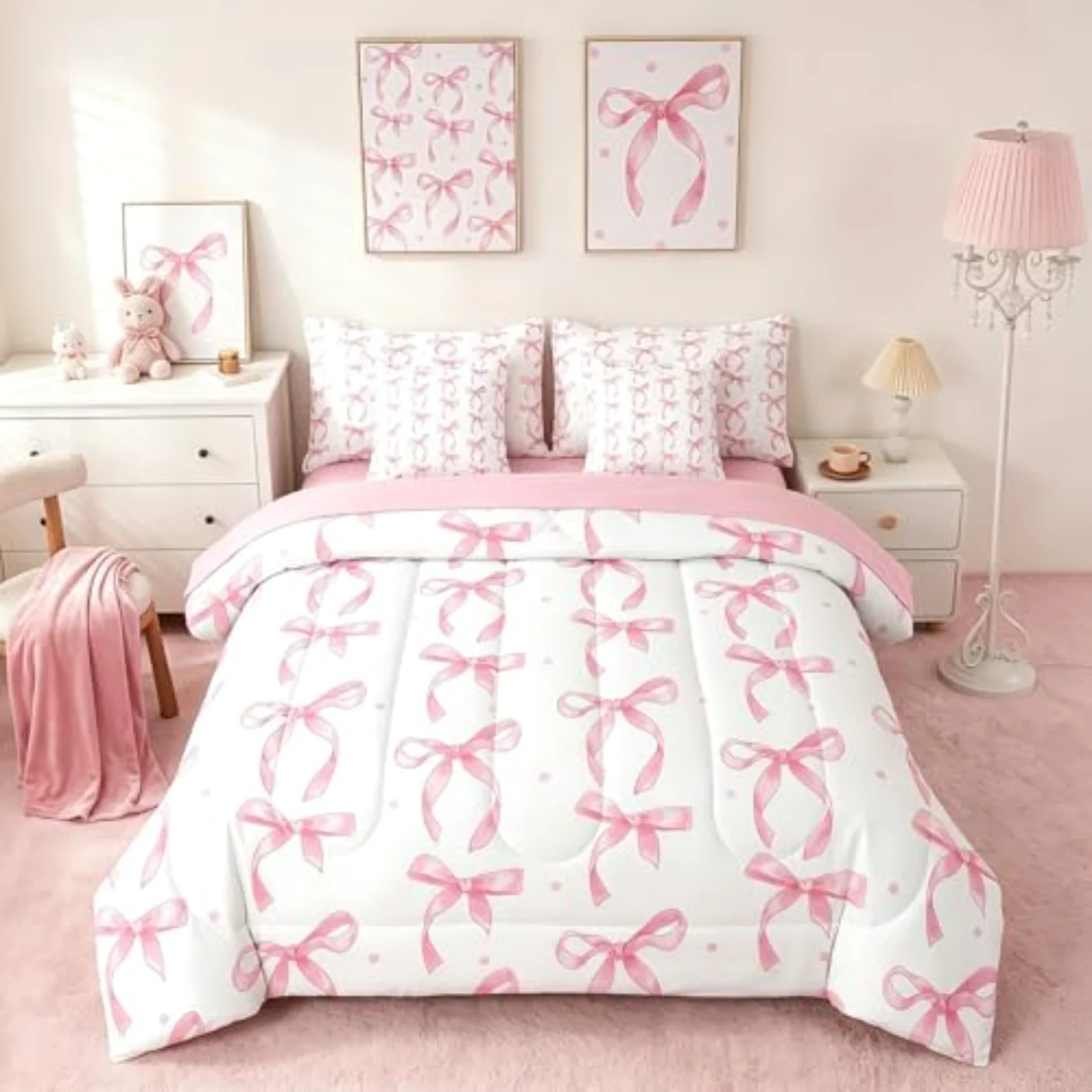 Cute Pink Bow In Bag Comforter Set, Twin