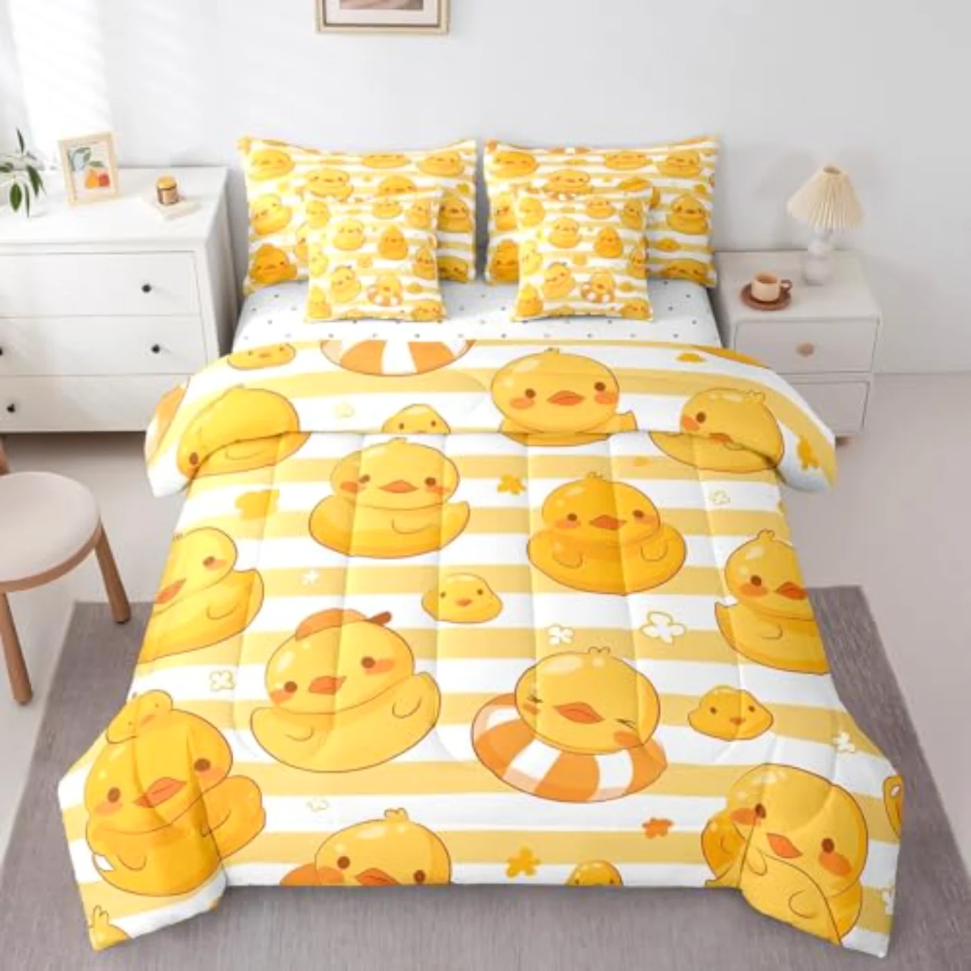 Kawaii Duck Swimming Duck Yellow Comforter Set, Twin