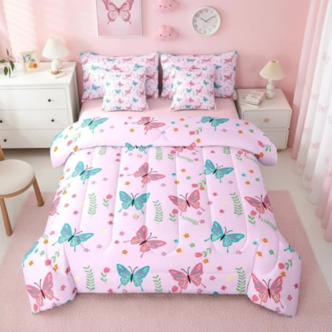 Pink Butterfly Girls Kids Teens Comforter Set, Full