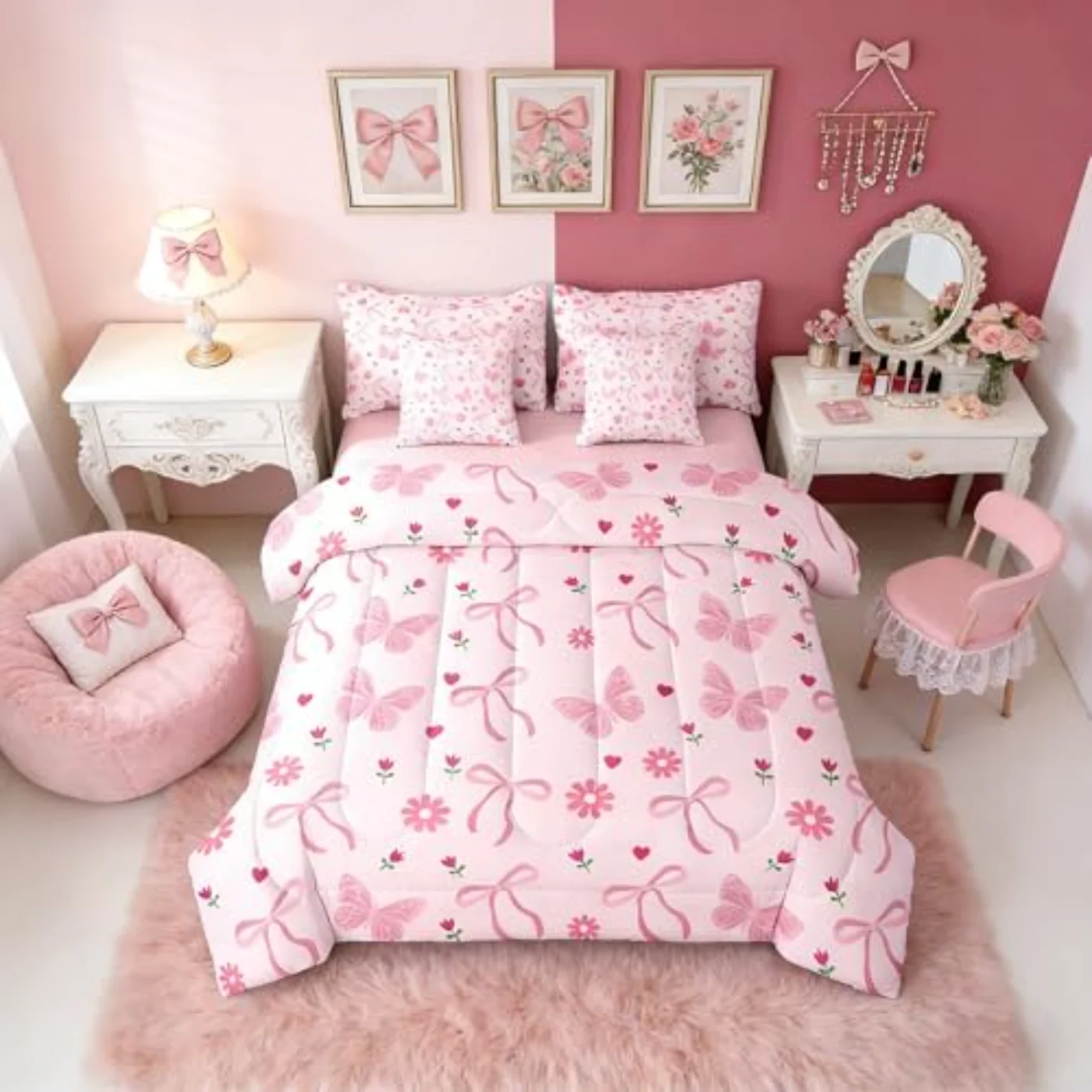 Daisy Pink Girls Butterfly Floral Comforter Set, Full
