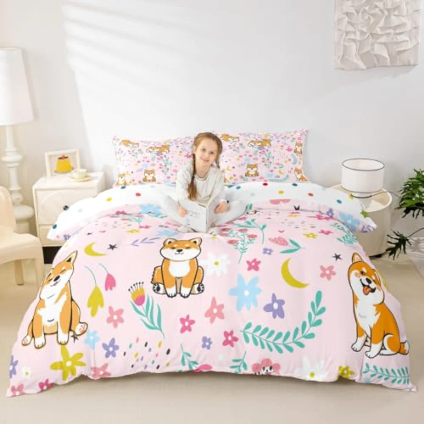 Floral Shiba Inu Kids Baby Duvet Cover, Twin