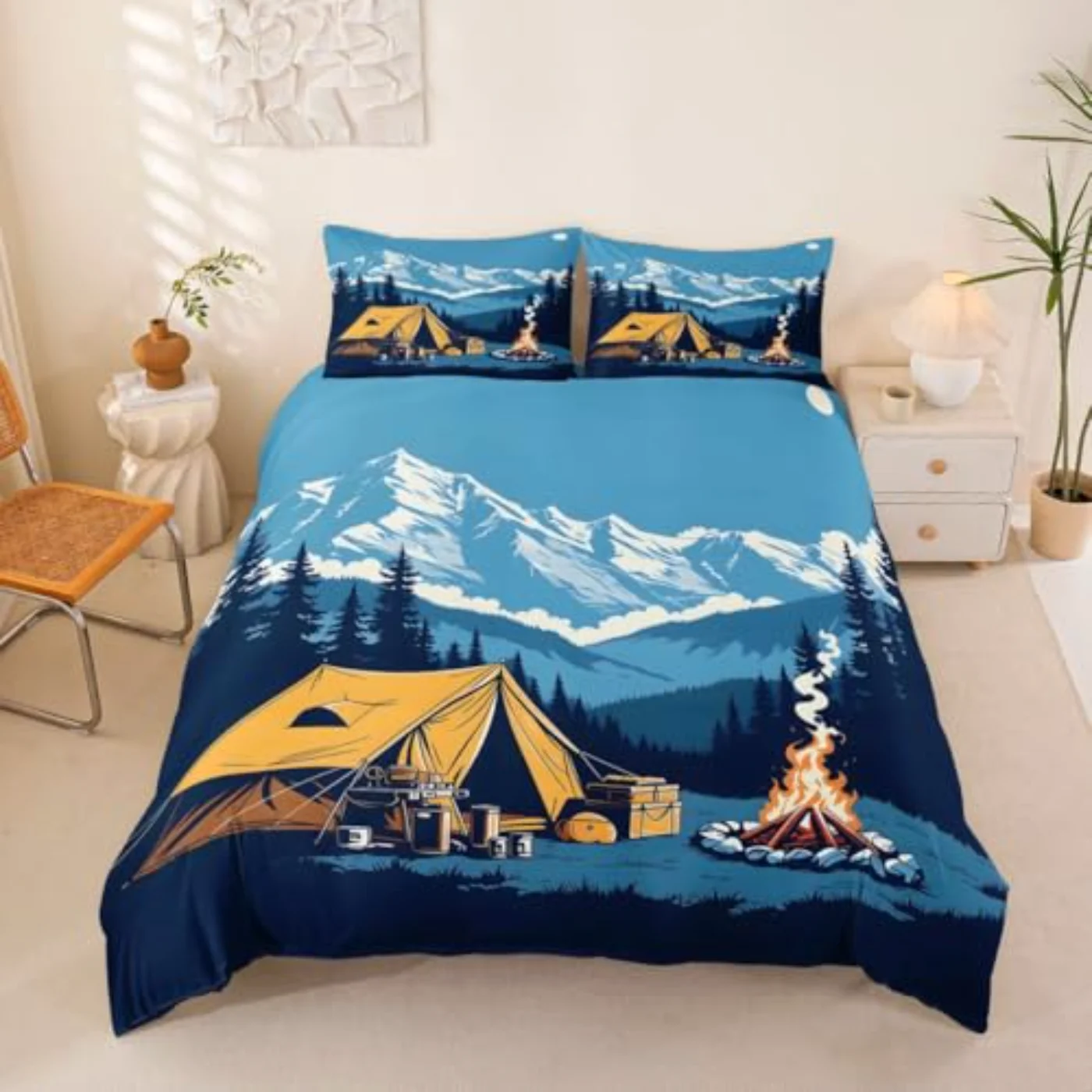 Camping Themed Retro Cartoon Camping Duvet Cover, Queen