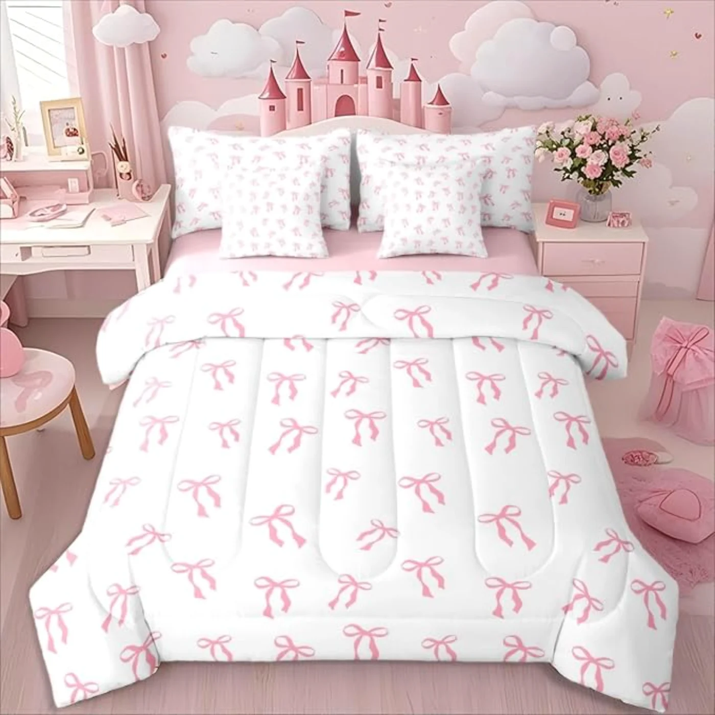 Cute Bowknot Kids Pink Bow Comforter Set, Twin