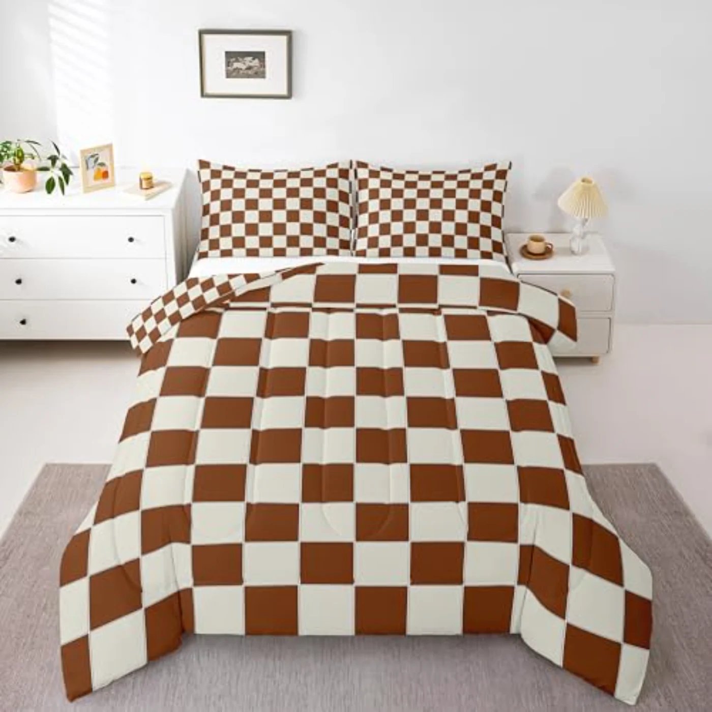 Plaid Beige Caramel Brown Checkerboard Quilt, Twin