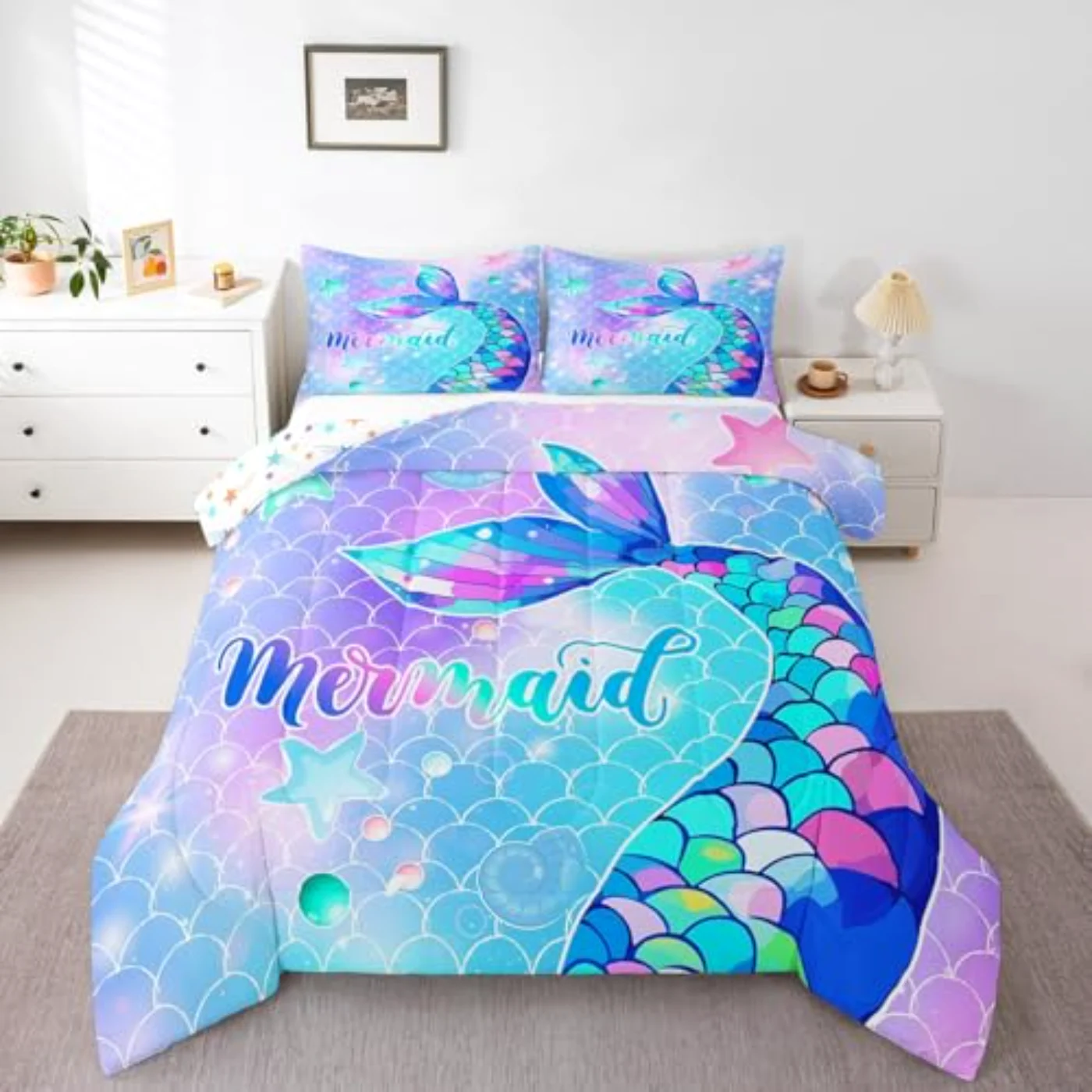 Mermaid Girls Purple Blue Mermaid Comforter Set, Twin