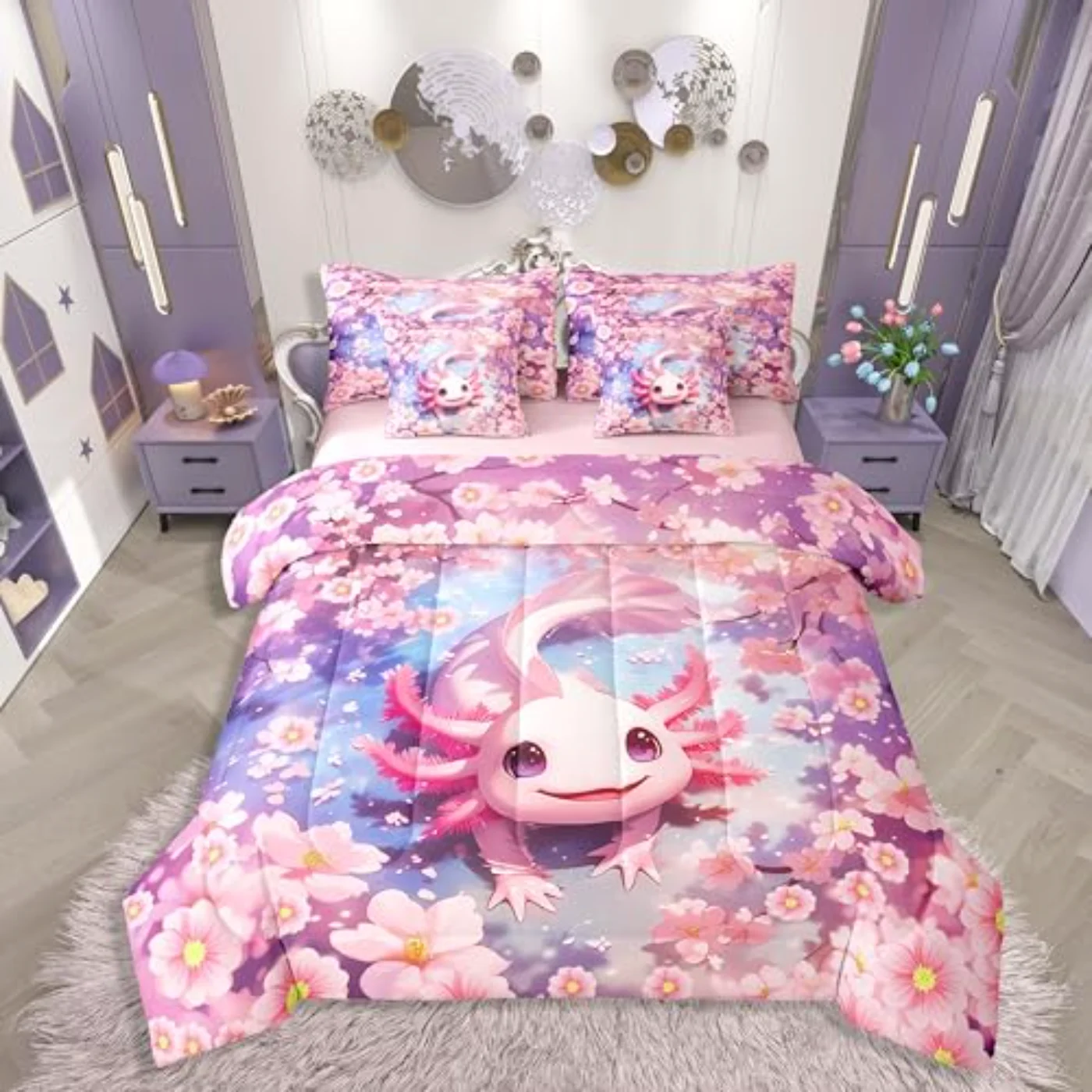 Cute Pink Axolotl Sheets Kids Quilt, Twin