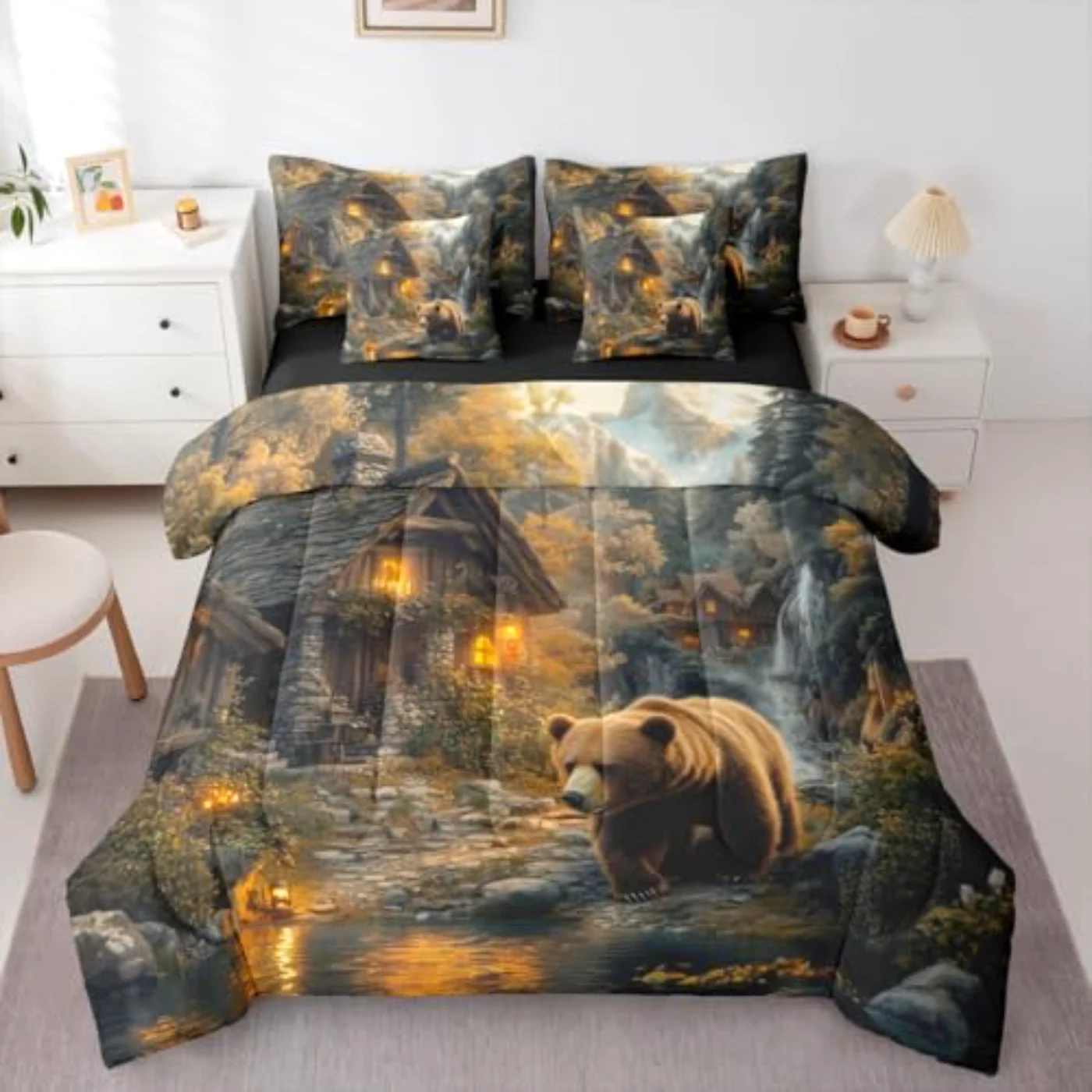 Cabin Bear Sheets Waterfall Snow Comforter Set, Queen
