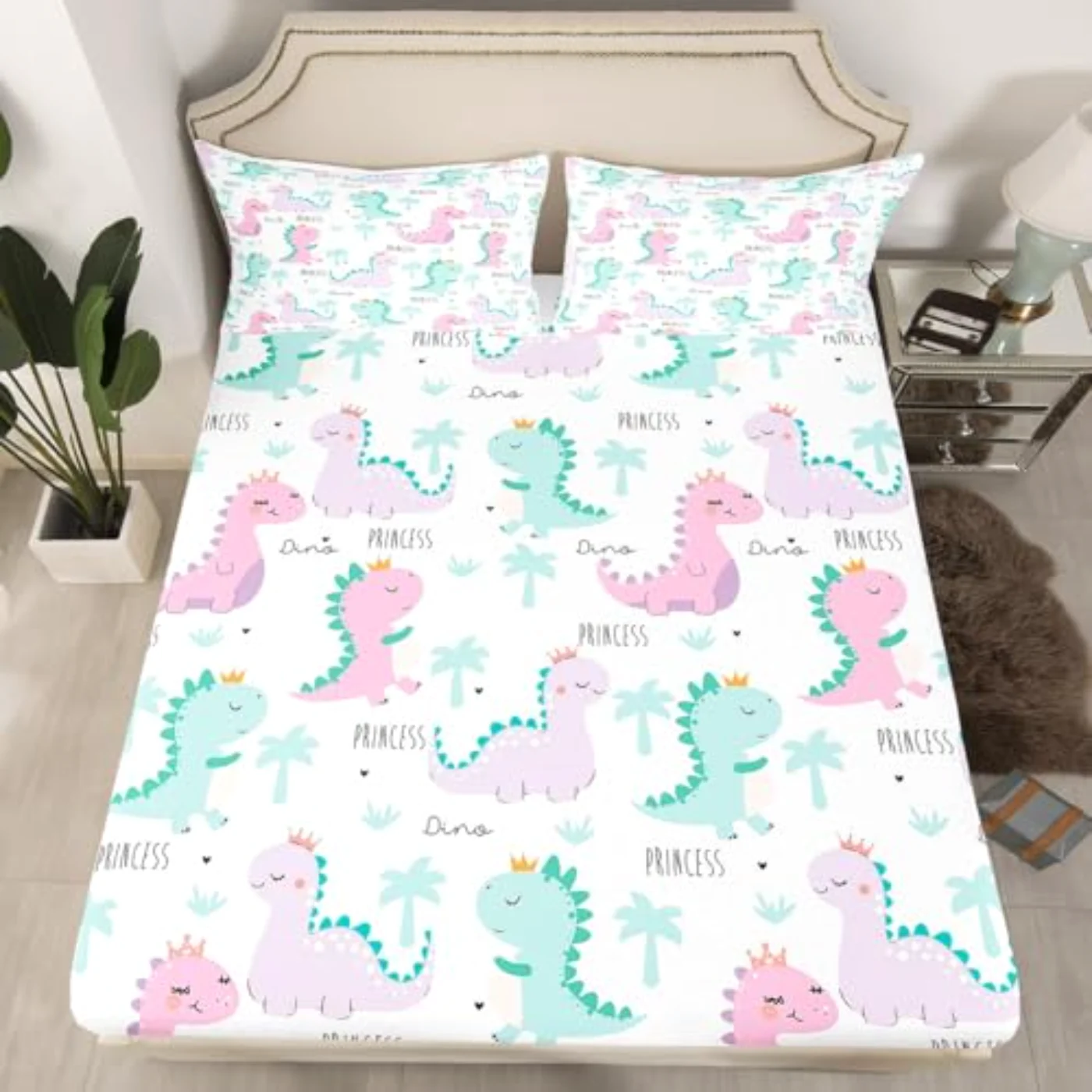 Dinosaur Fitted Pink Purple Dinos Sheet Set, Twin