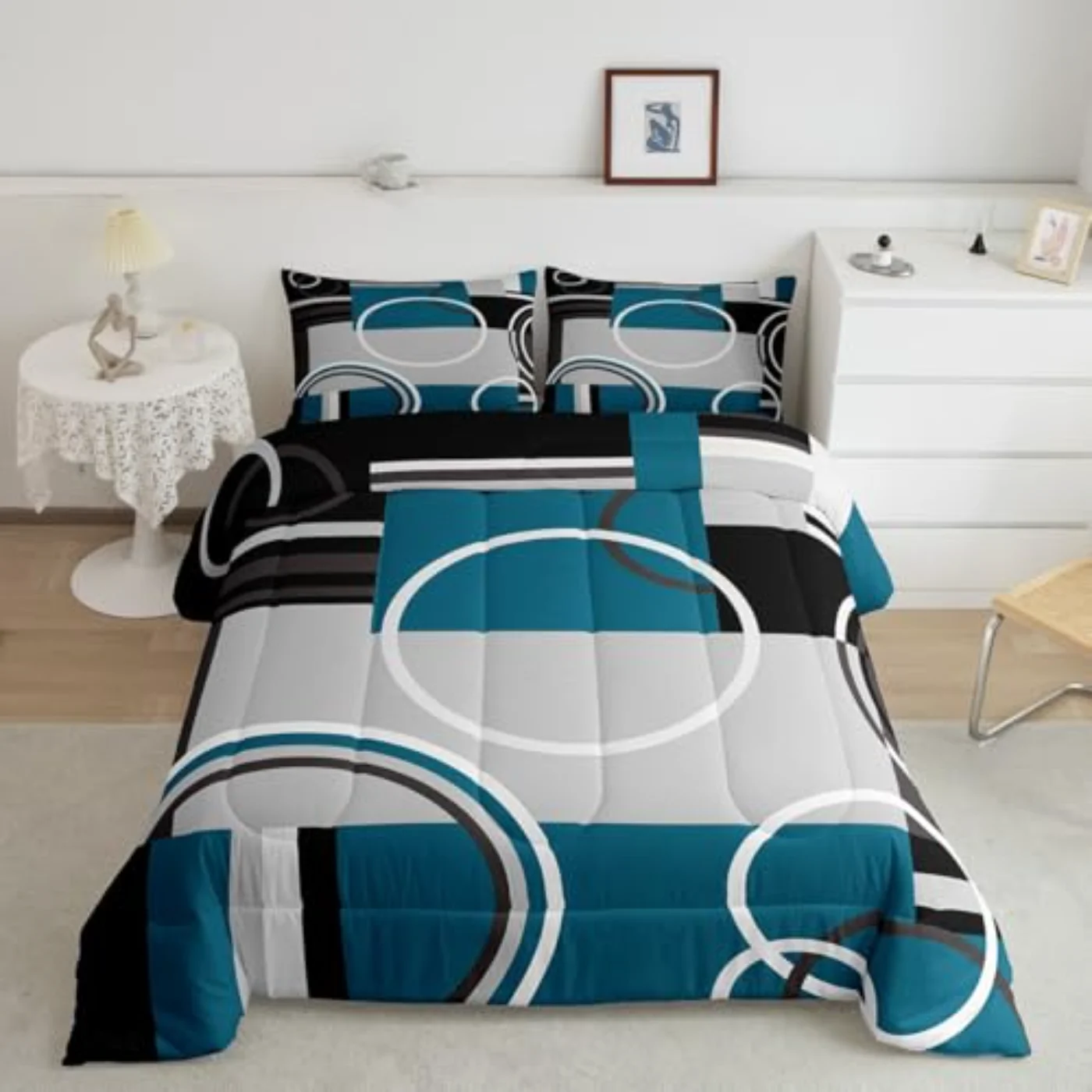 Modern Turquoise Gray Black Blue Comforter Set, Queen
