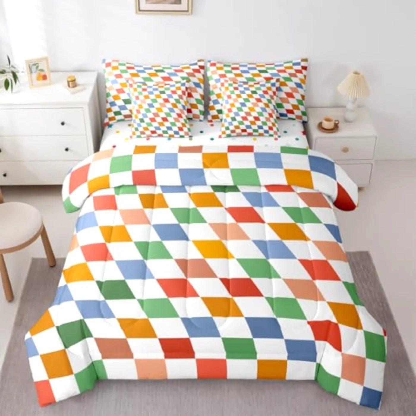 Colorful Checkered - Modern Rainbow Comforter Set, Full