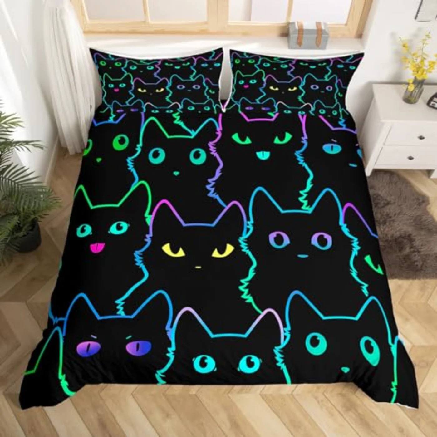 Neon Black Cat Girls Kids Duvet Cover, Twin
