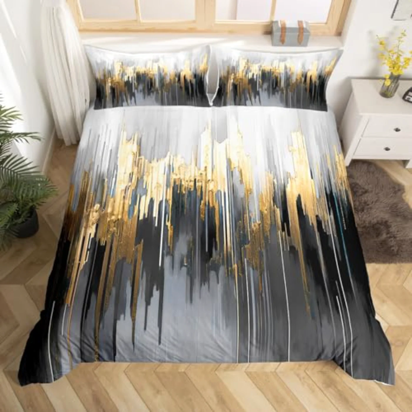 Black Grey Greyish White Painting Duvet Cover, Queen