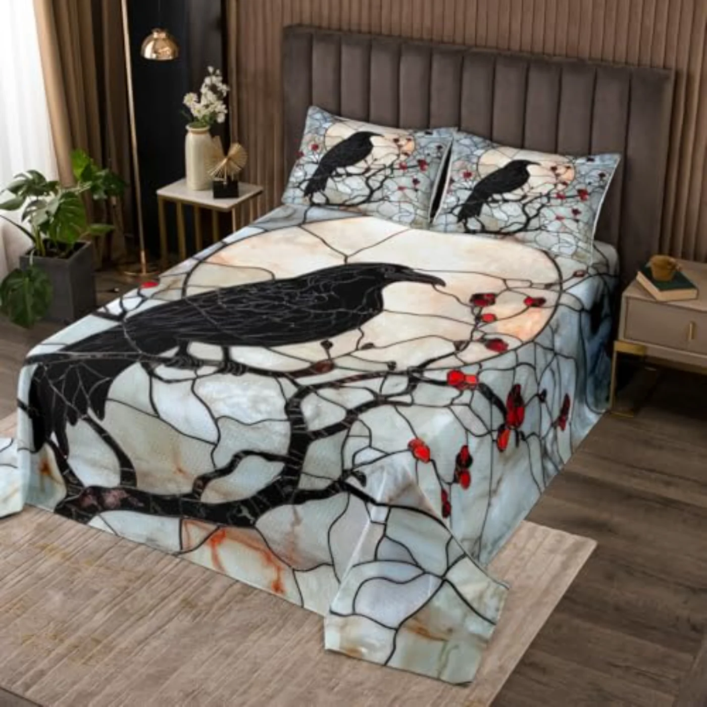 Halloween Raven Exotic Black Crow Quilt, Full