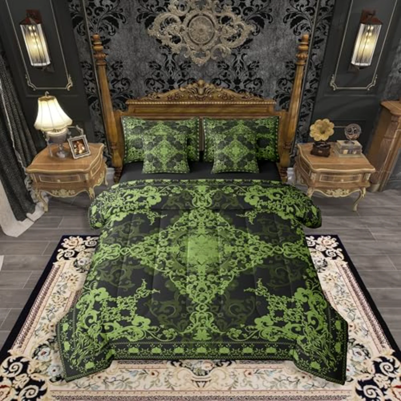 Green Ombre Gothic Boho Damask Comforter Set, Queen