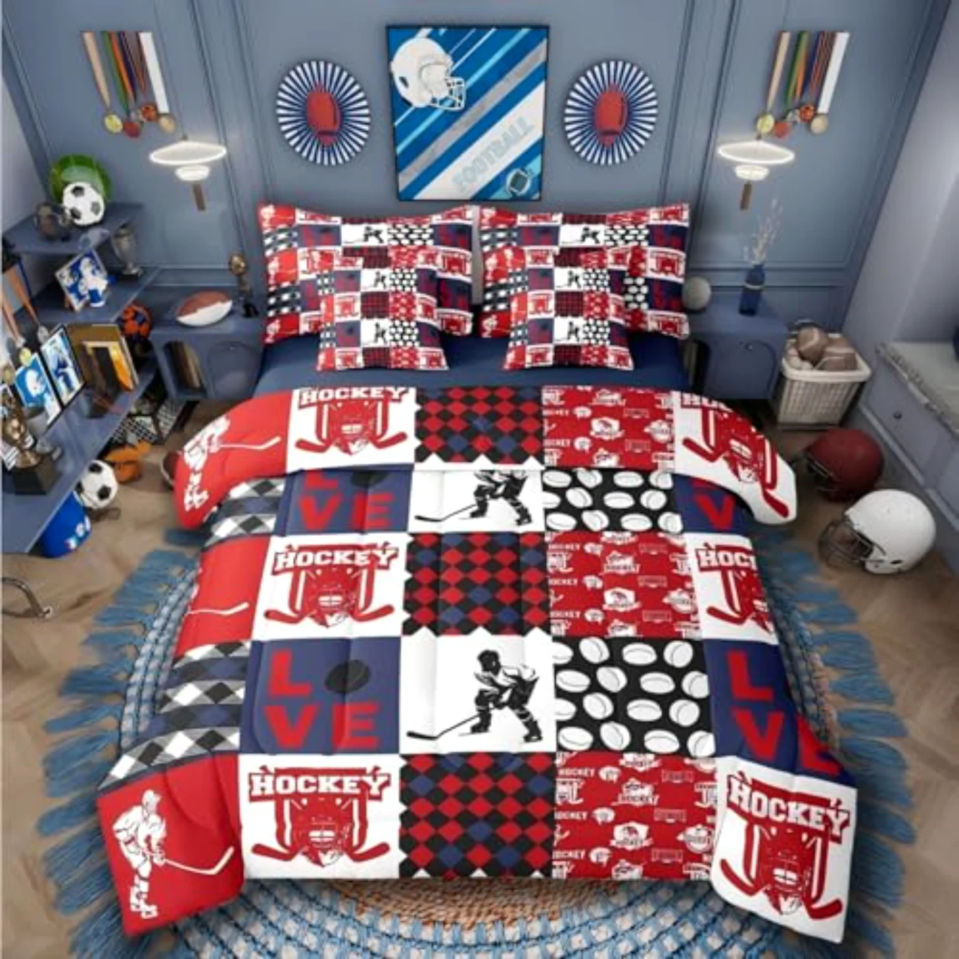 Ice Hockey Sheets Comforter Set, Red & Wine