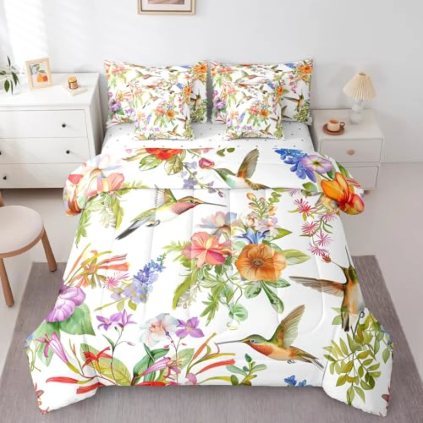 Hummingbird Birds Floral Flat Fitted Comforter Set, King