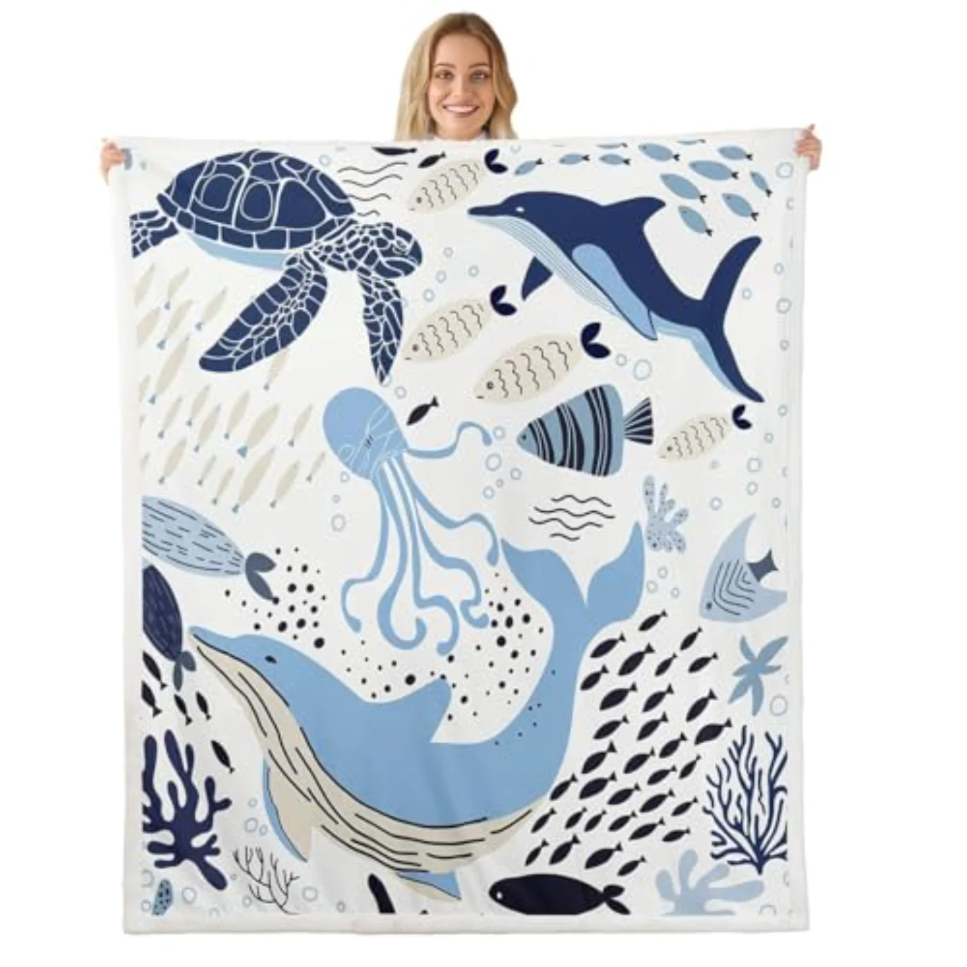 Turtle Blanket White Blue Whale Throw, Twin