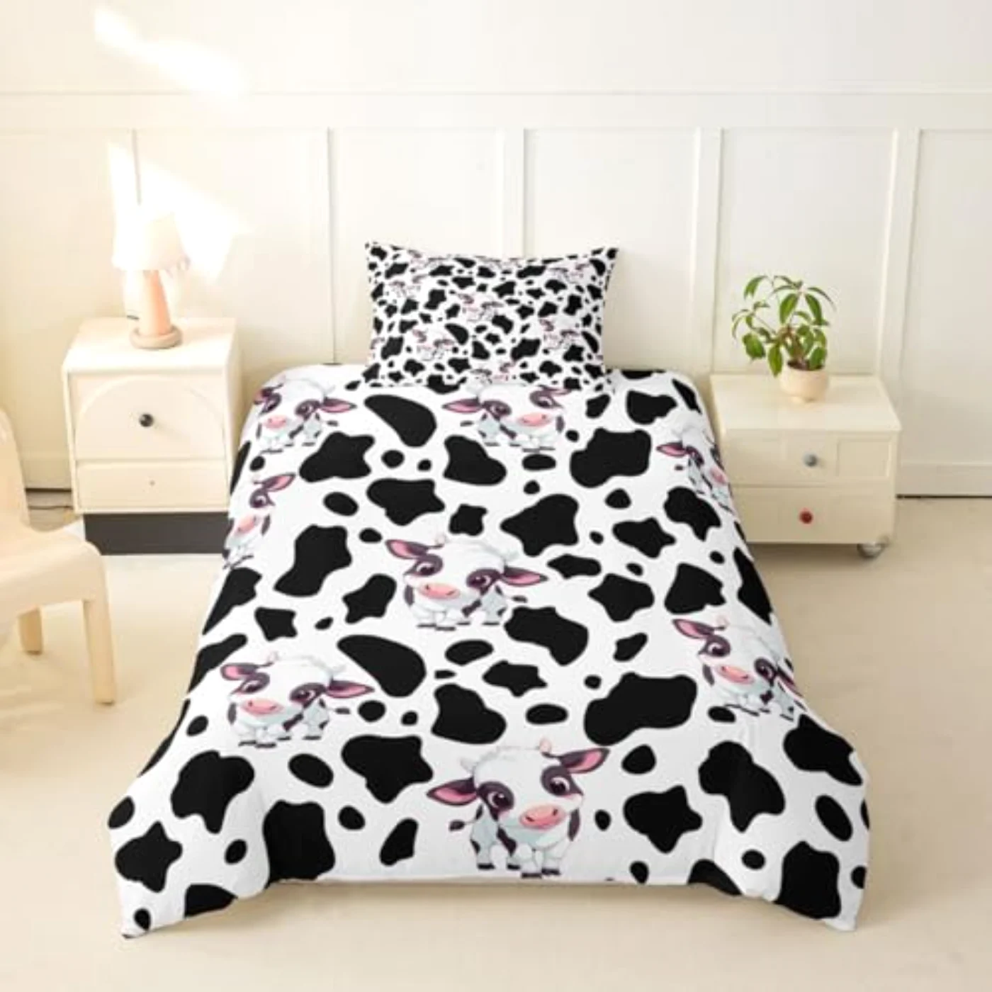 Kids Girls Cartoon Cow Print Duvet Cover, Twin