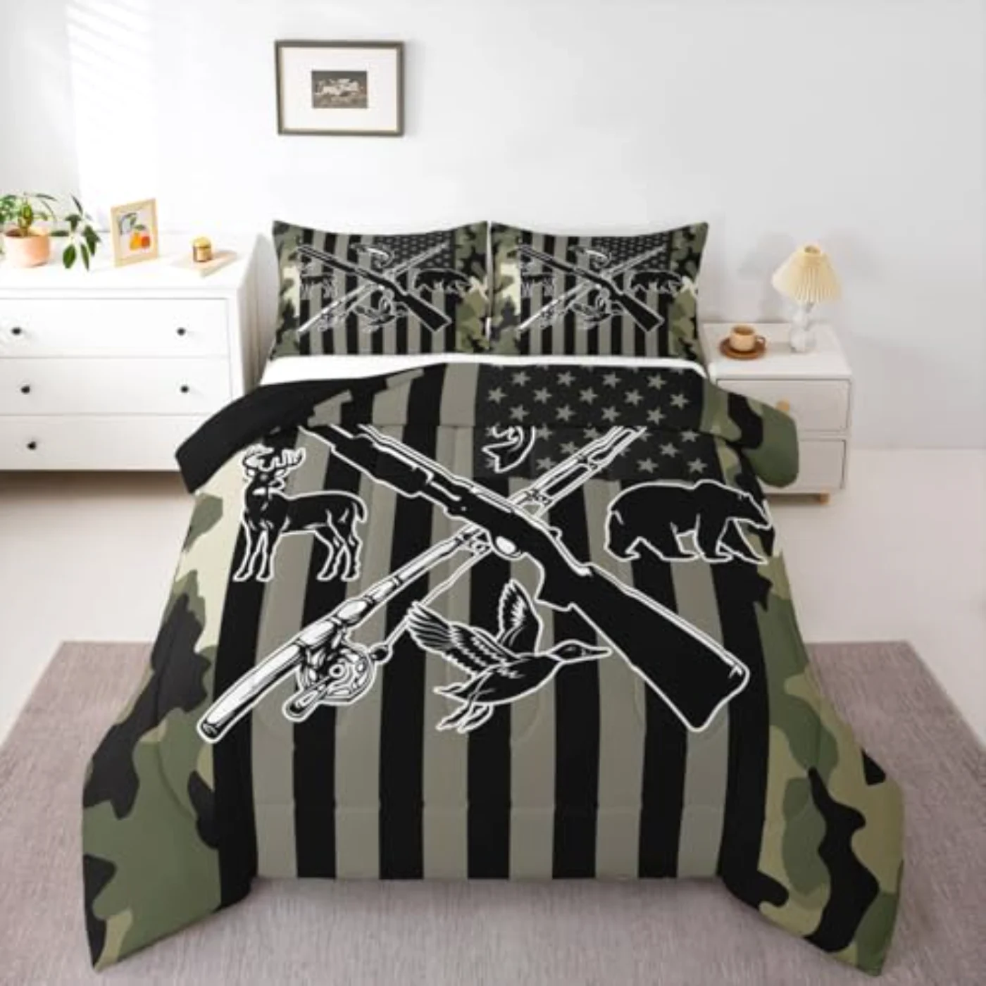 Camo American Flag Kids Hunting Comforter Set, Queen