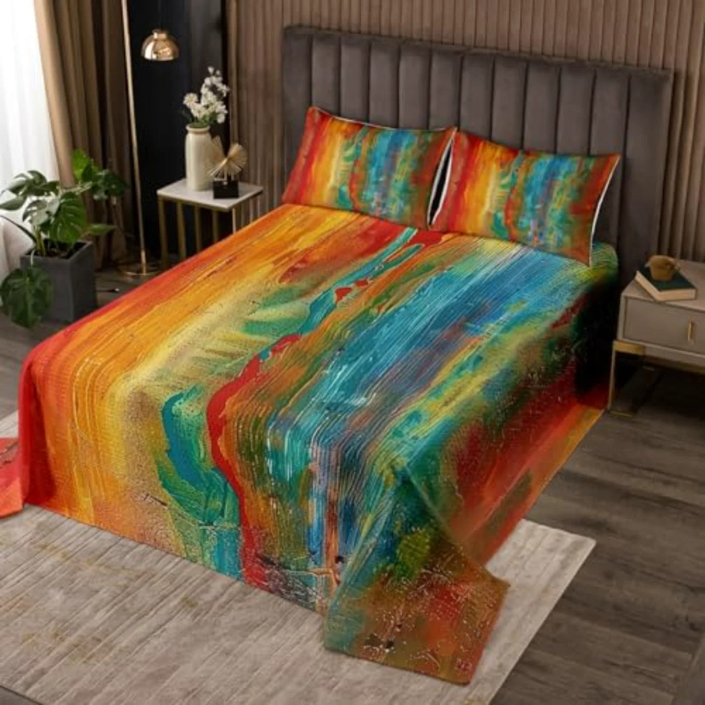 Abstract Grunge Rainbow Watercolor Coverlet Quilt, Queen