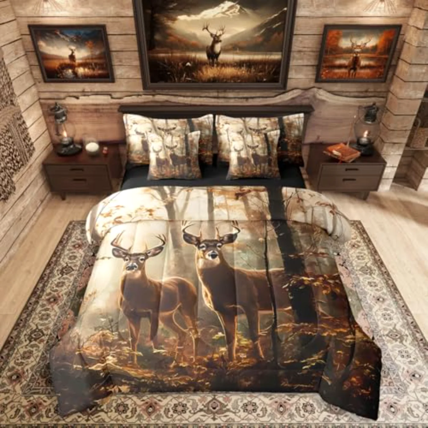 Rustic Deer Hunting Deer Elk Comforter Set, Queen