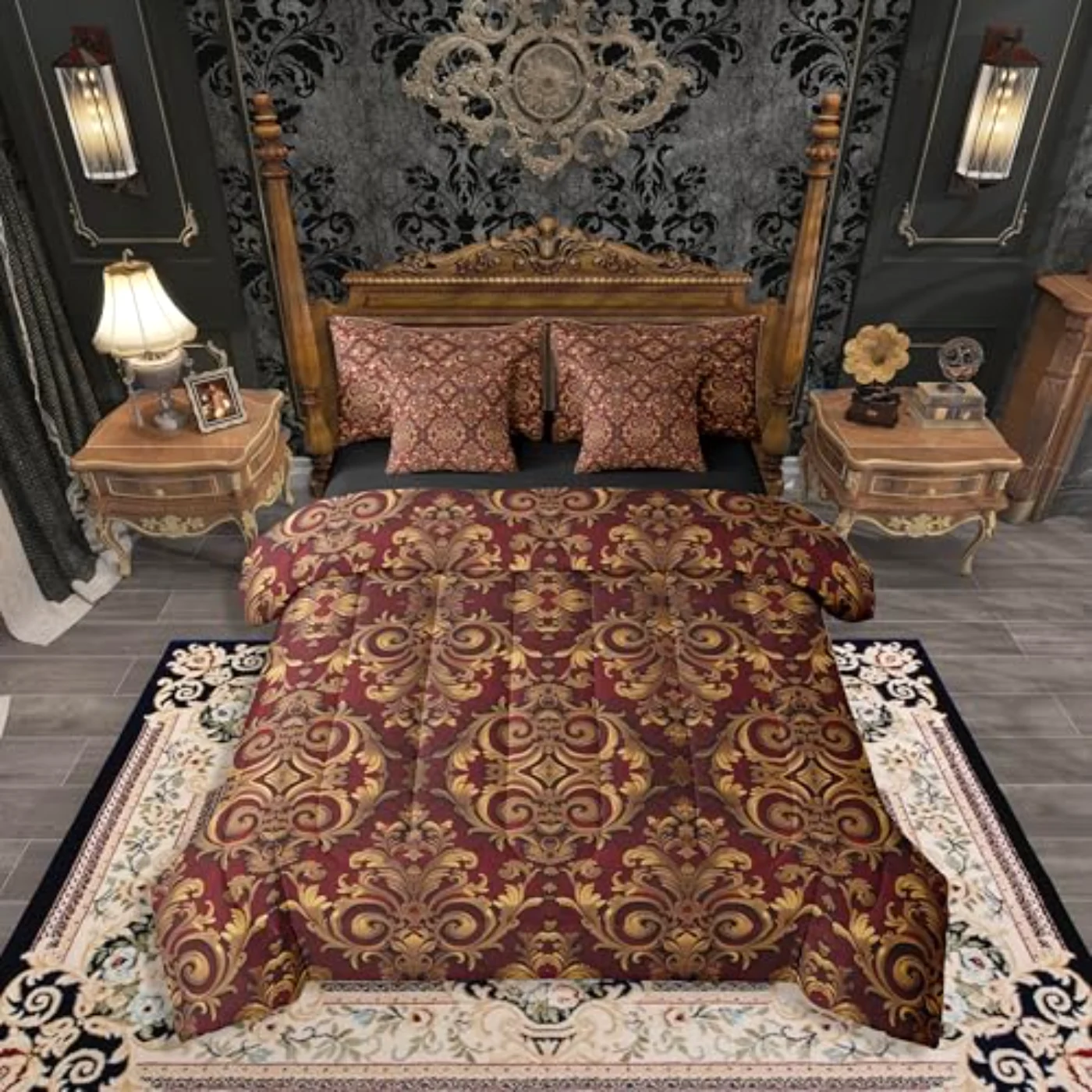 Damask Red Gold Victorian Women Comforter Set, Queen
