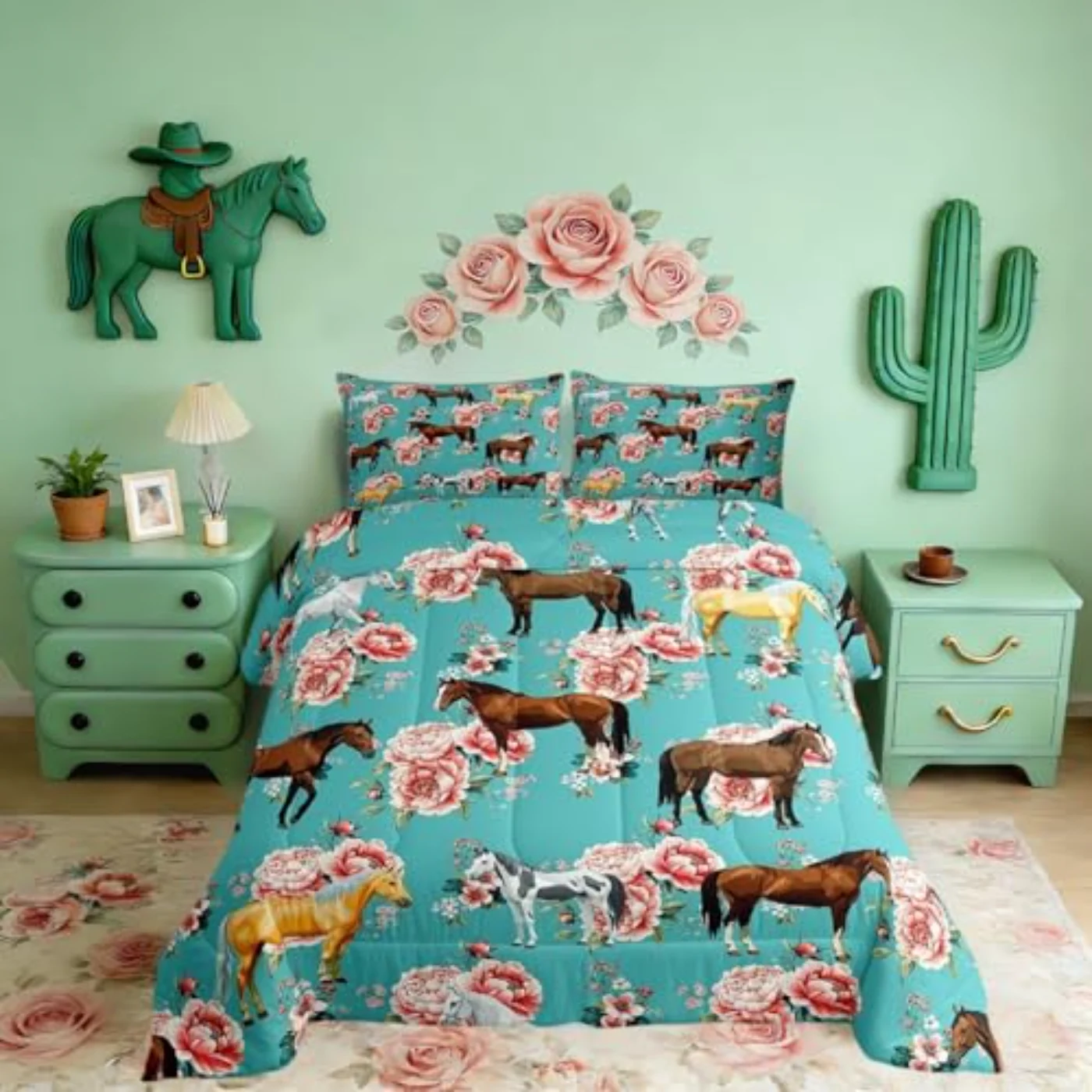 Kids Horse Chic Retro Floral Quilt, Twin