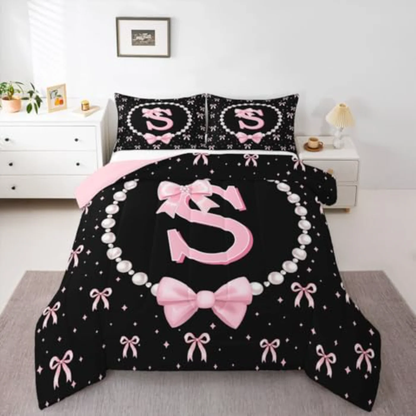 Girls Pink Bow Initial - Comforter Set, Full