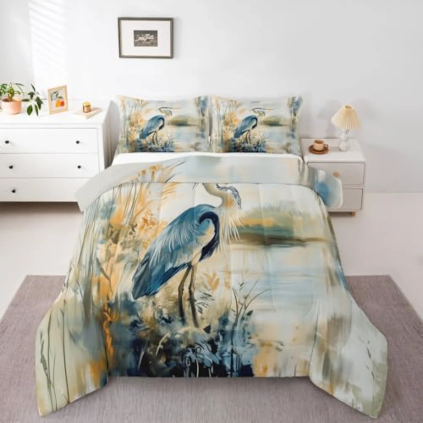 Great Blue Heron Watercolor Blue Comforter Set, Queen