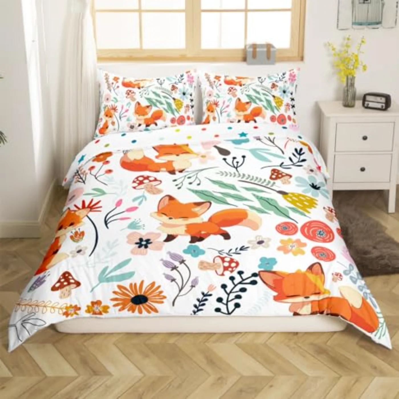 Kawaii Fox Mushroom Floral Girls Duvet Cover, Queen